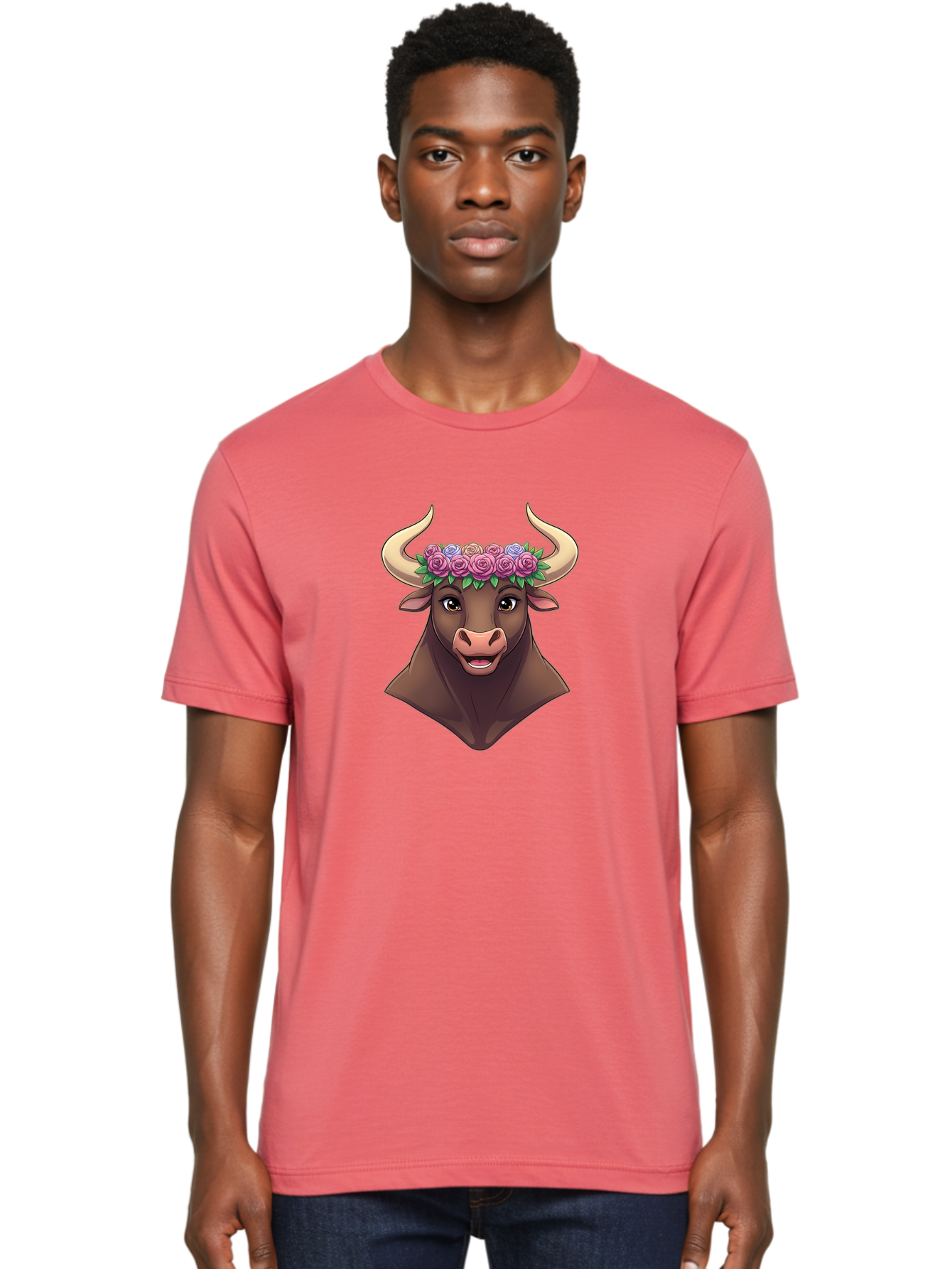 Taurus-Bull-Head Men'S Graphic Tee, 100% Cotton, Comfortable Casual Summer Wear, Machine Washable, Cartoon Bull, Floral Crown, Pink Roses, Purple Flowers, Happy Expression, Brown Cow, Large Horns, Whimsical Design, Illustration Art, Bae303