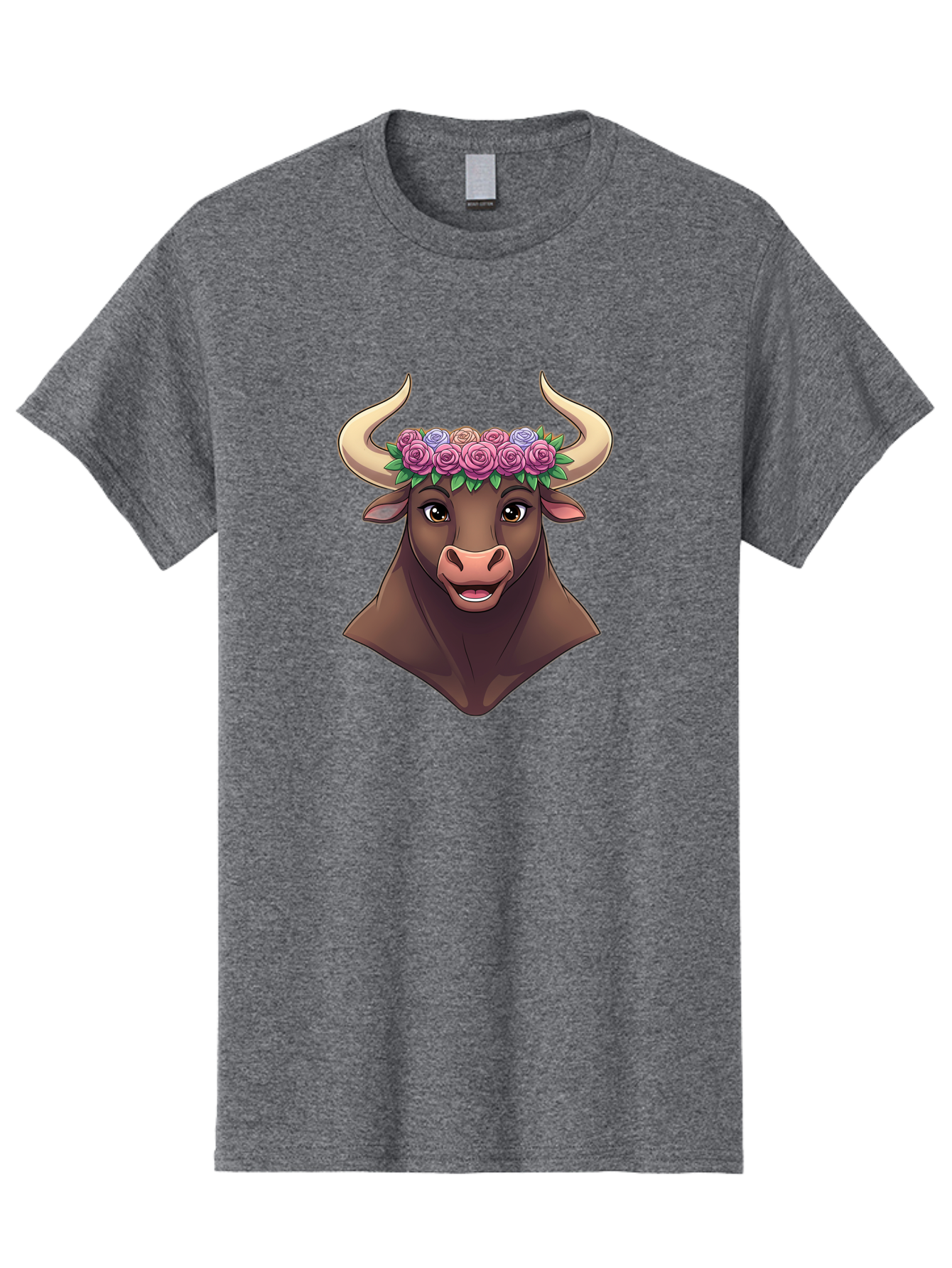 Taurus-Bull-Head Men'S Graphic Tee, 100% Cotton, Comfortable Casual Summer Wear, Machine Washable, Cartoon Bull, Floral Crown, Pink Roses, Purple Flowers, Happy Expression, Brown Cow, Large Horns, Whimsical Design, Illustration Art, Bae303