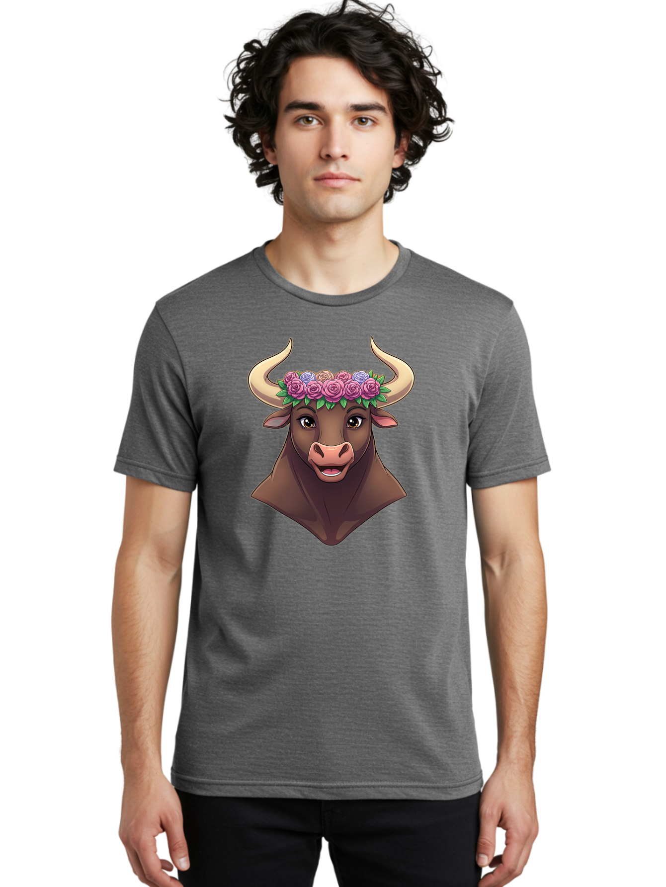 Taurus-Bull-Head Men'S Graphic Tee, 100% Cotton, Comfortable Casual Summer Wear, Machine Washable, Cartoon Bull, Floral Crown, Pink Roses, Purple Flowers, Happy Expression, Brown Cow, Large Horns, Whimsical Design, Illustration Art, Bae303
