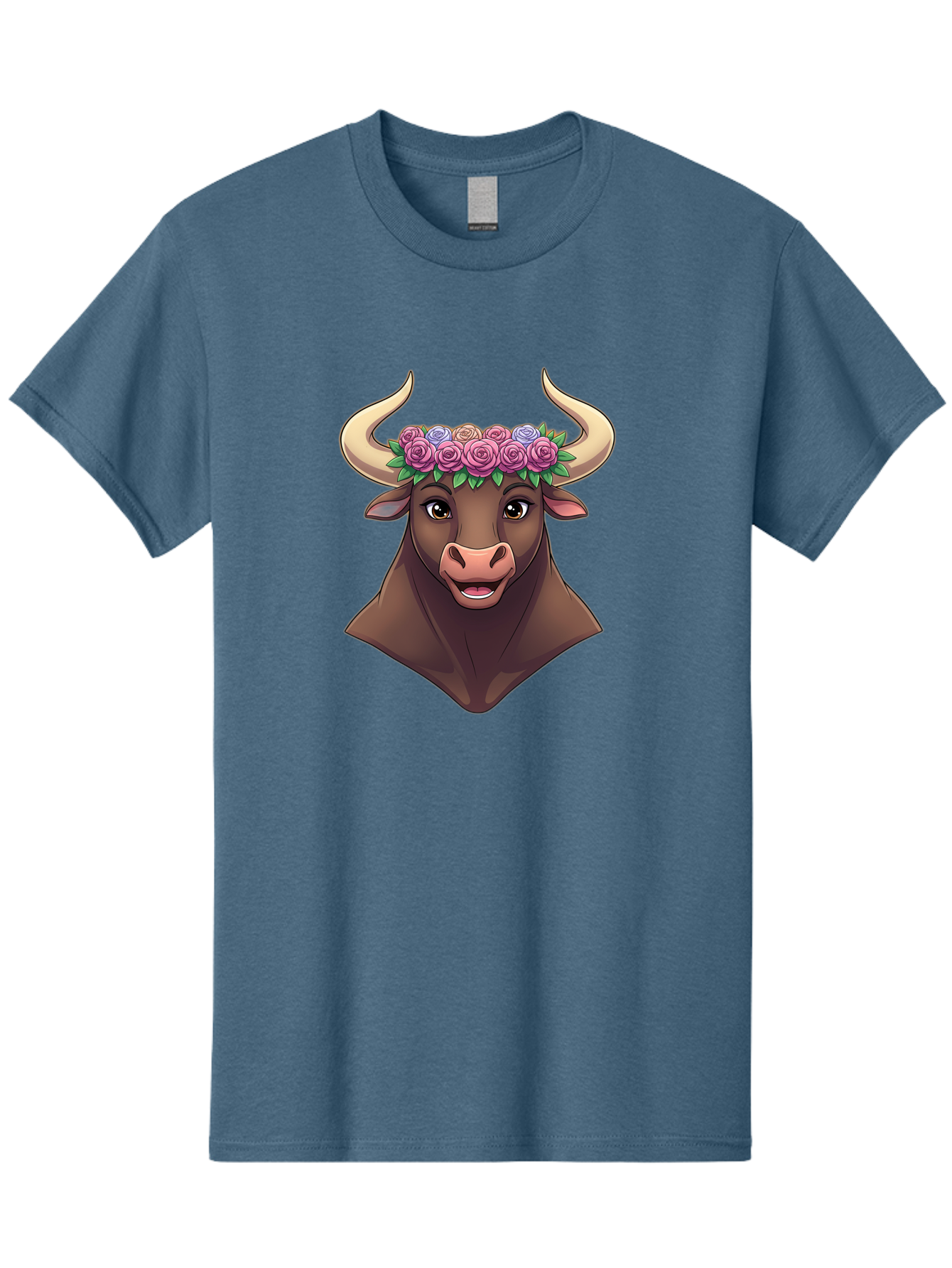 Taurus-Bull-Head Men'S Graphic Tee, 100% Cotton, Comfortable Casual Summer Wear, Machine Washable, Cartoon Bull, Floral Crown, Pink Roses, Purple Flowers, Happy Expression, Brown Cow, Large Horns, Whimsical Design, Illustration Art, Bae303