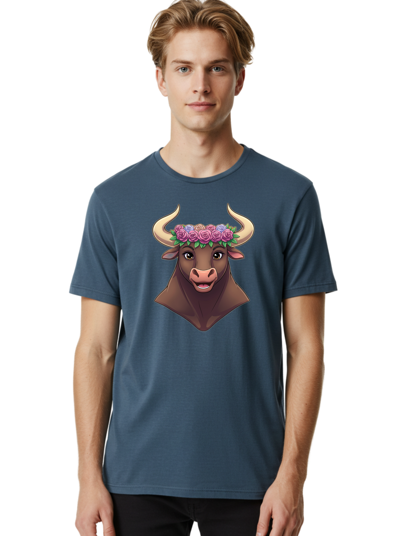 Taurus-Bull-Head Men'S Graphic Tee, 100% Cotton, Comfortable Casual Summer Wear, Machine Washable, Cartoon Bull, Floral Crown, Pink Roses, Purple Flowers, Happy Expression, Brown Cow, Large Horns, Whimsical Design, Illustration Art, Bae303