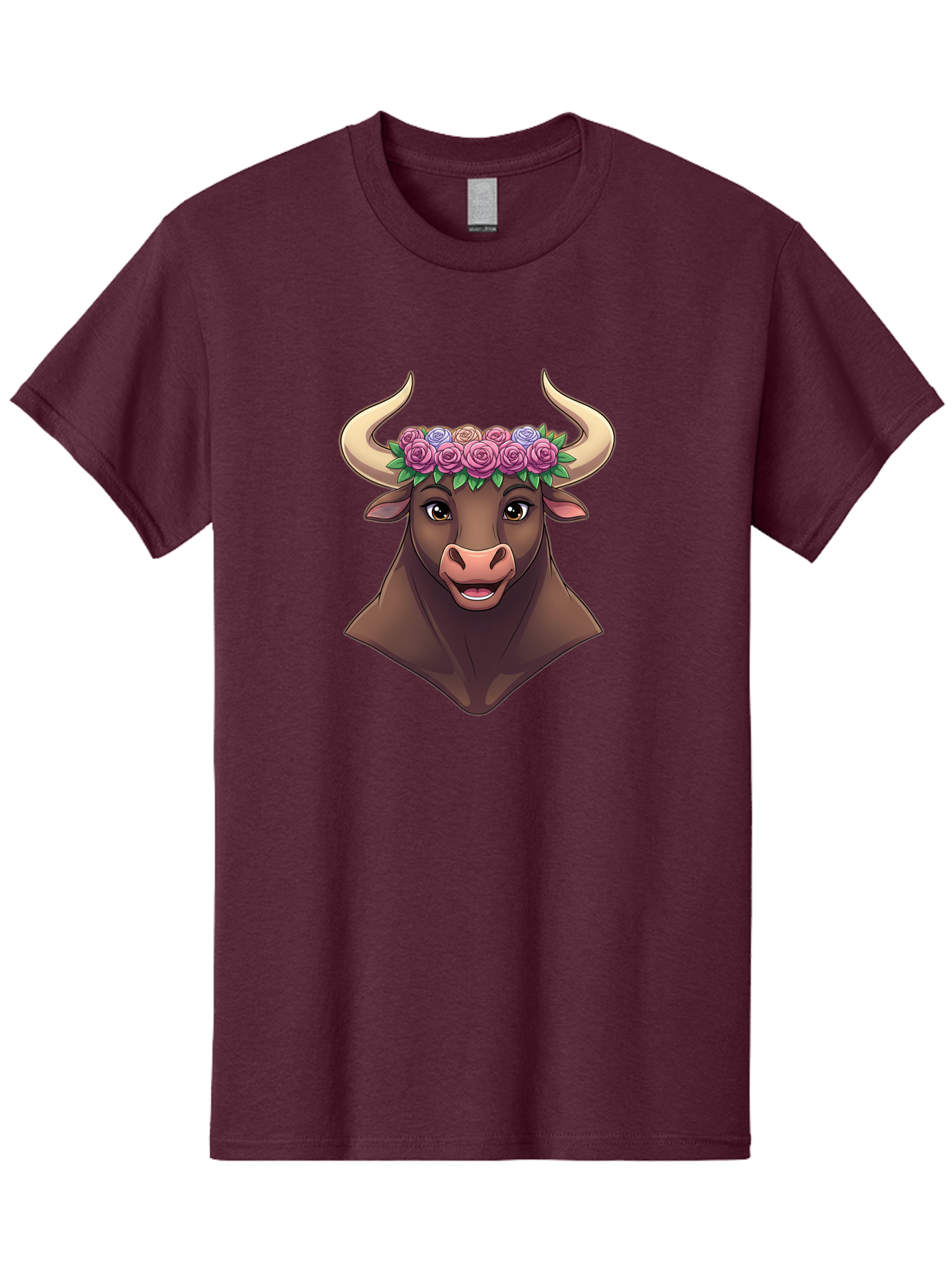 Taurus-Bull-Head Men'S Graphic Tee, 100% Cotton, Comfortable Casual Summer Wear, Machine Washable, Cartoon Bull, Floral Crown, Pink Roses, Purple Flowers, Happy Expression, Brown Cow, Large Horns, Whimsical Design, Illustration Art, Bae303