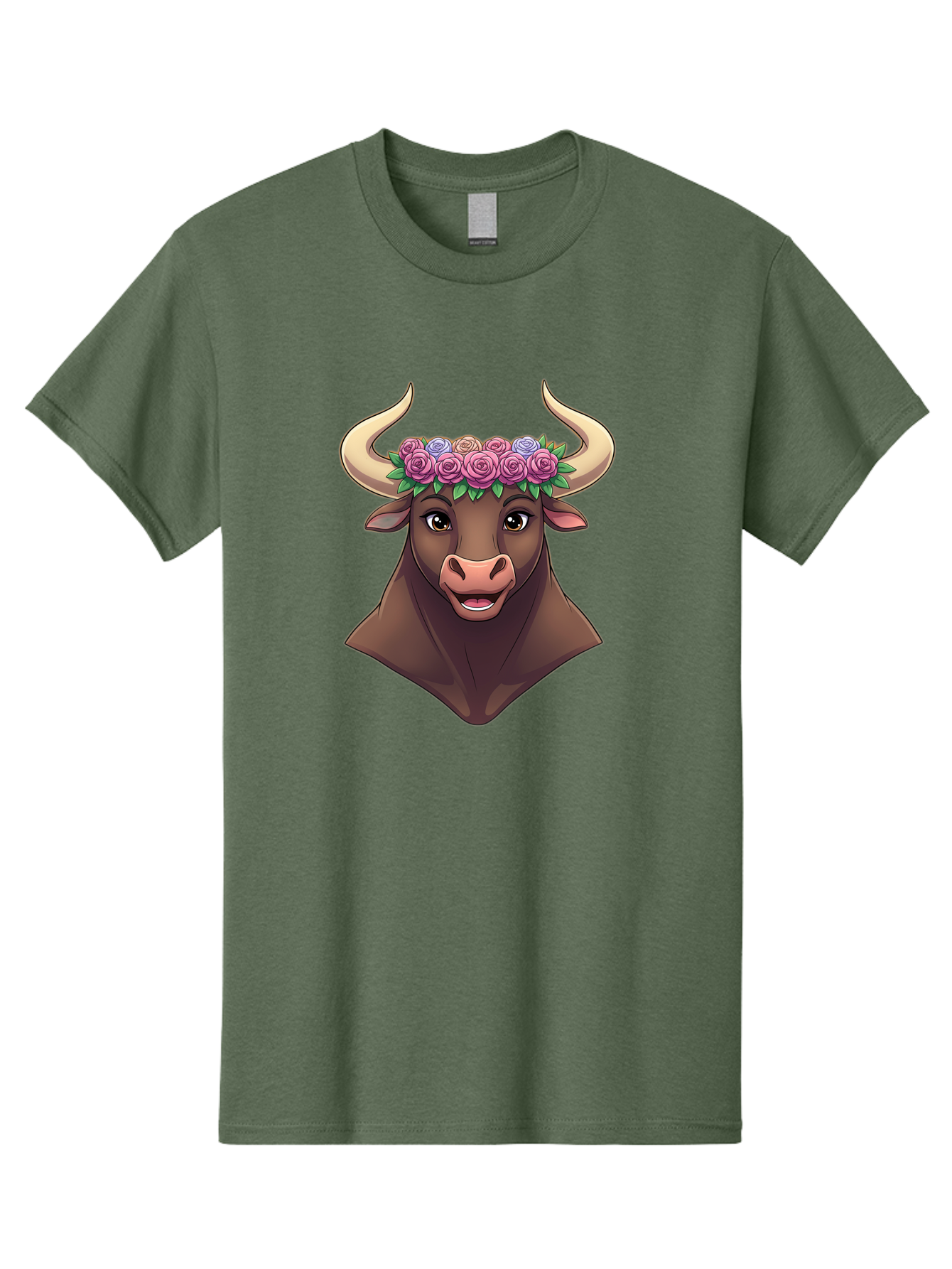 Taurus-Bull-Head Men'S Graphic Tee, 100% Cotton, Comfortable Casual Summer Wear, Machine Washable, Cartoon Bull, Floral Crown, Pink Roses, Purple Flowers, Happy Expression, Brown Cow, Large Horns, Whimsical Design, Illustration Art, Bae303
