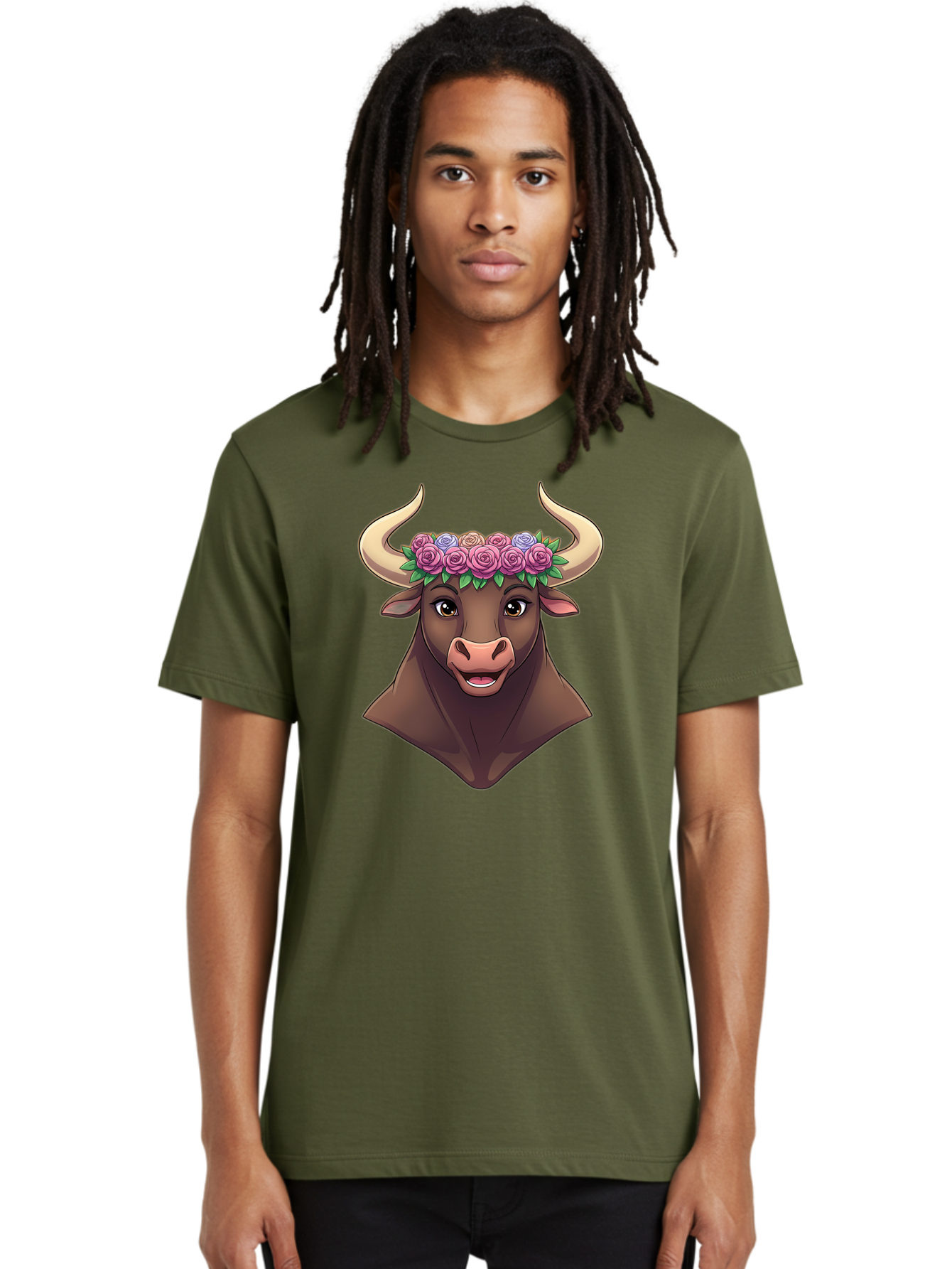 Taurus-Bull-Head Men'S Graphic Tee, 100% Cotton, Comfortable Casual Summer Wear, Machine Washable, Cartoon Bull, Floral Crown, Pink Roses, Purple Flowers, Happy Expression, Brown Cow, Large Horns, Whimsical Design, Illustration Art, Bae303