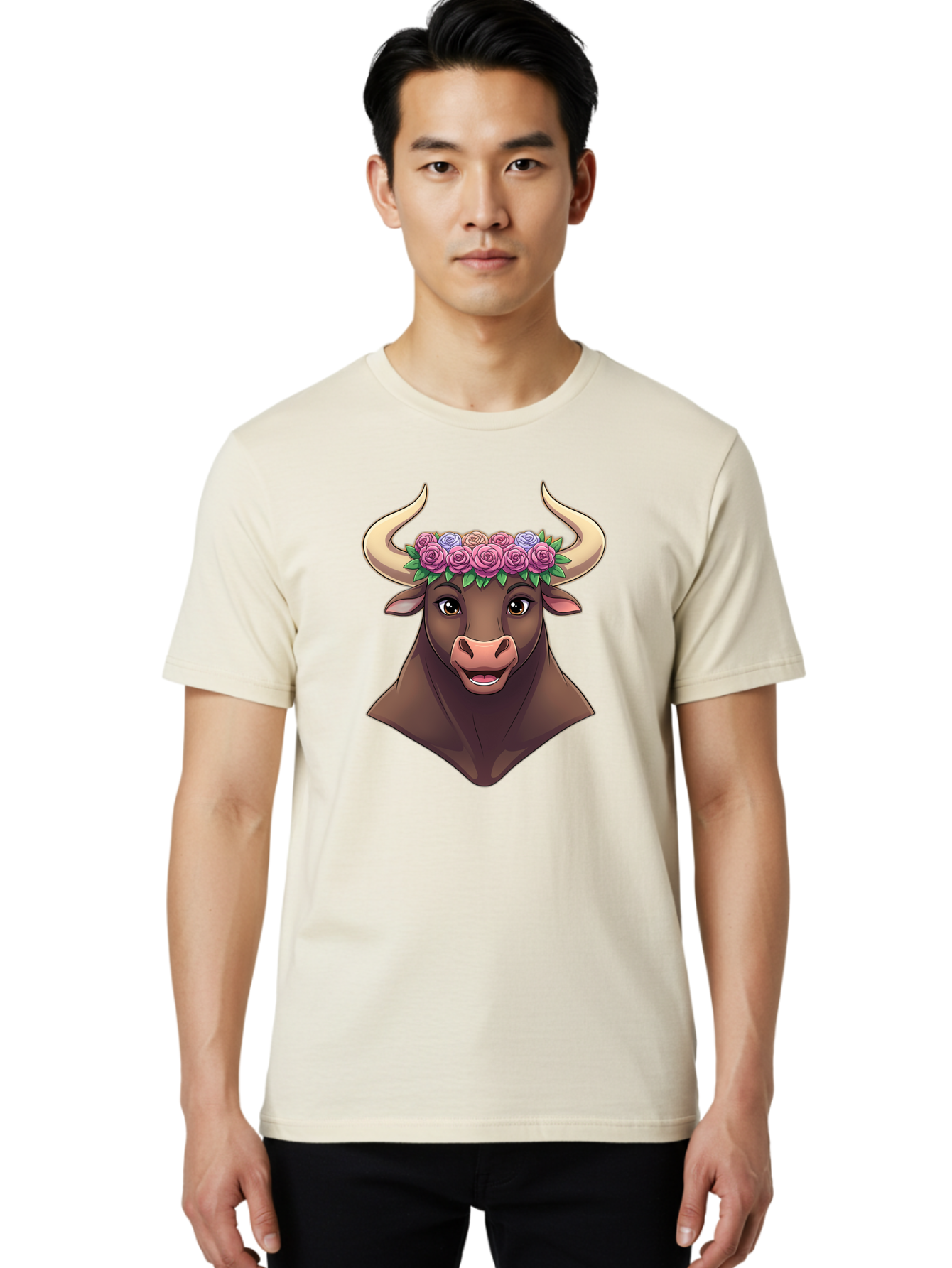 Taurus-Bull-Head Men'S Graphic Tee, 100% Cotton, Comfortable Casual Summer Wear, Machine Washable, Cartoon Bull, Floral Crown, Pink Roses, Purple Flowers, Happy Expression, Brown Cow, Large Horns, Whimsical Design, Illustration Art, Bae303