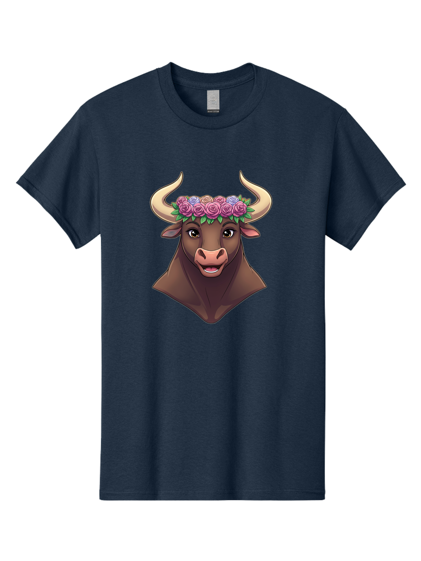 Taurus-Bull-Head Men'S Graphic Tee, 100% Cotton, Comfortable Casual Summer Wear, Machine Washable, Cartoon Bull, Floral Crown, Pink Roses, Purple Flowers, Happy Expression, Brown Cow, Large Horns, Whimsical Design, Illustration Art, Bae303