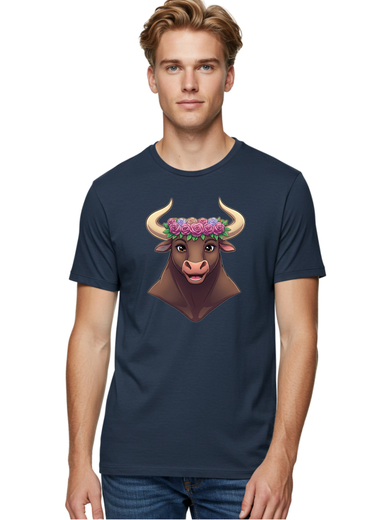 Taurus-Bull-Head Men'S Graphic Tee, 100% Cotton, Comfortable Casual Summer Wear, Machine Washable, Cartoon Bull, Floral Crown, Pink Roses, Purple Flowers, Happy Expression, Brown Cow, Large Horns, Whimsical Design, Illustration Art, Bae303