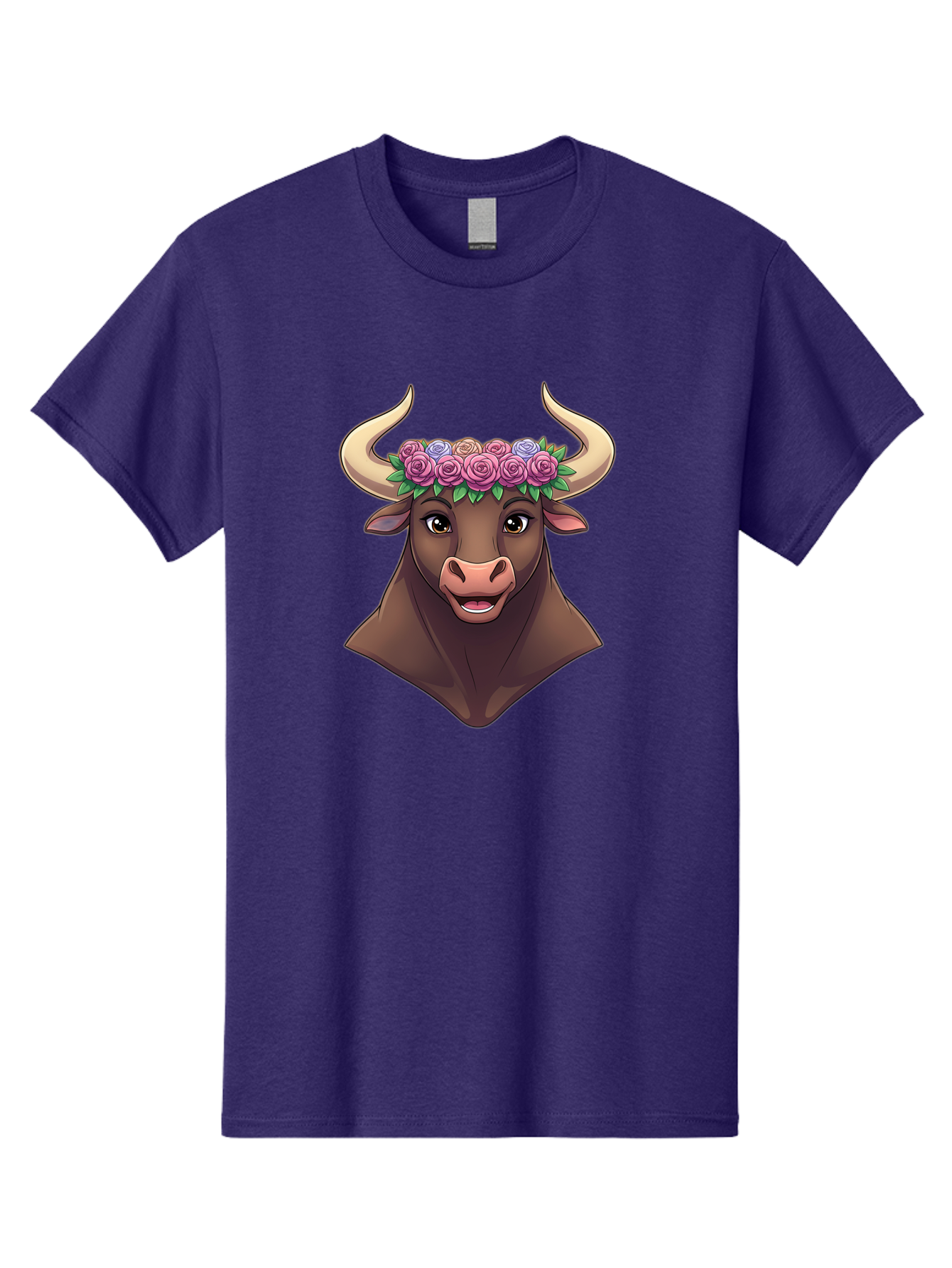 Taurus-Bull-Head Men'S Graphic Tee, 100% Cotton, Comfortable Casual Summer Wear, Machine Washable, Cartoon Bull, Floral Crown, Pink Roses, Purple Flowers, Happy Expression, Brown Cow, Large Horns, Whimsical Design, Illustration Art, Bae303