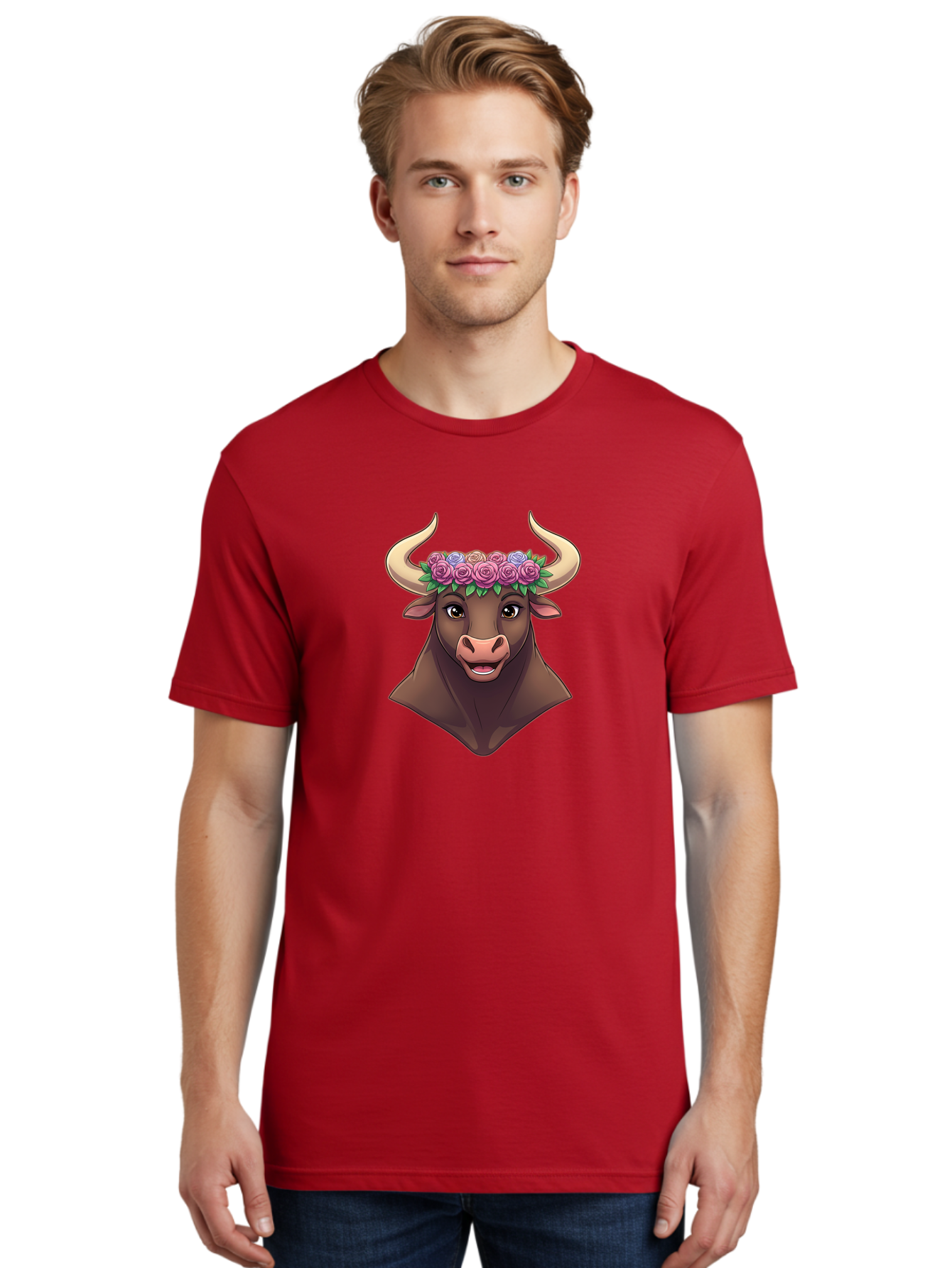 Taurus-Bull-Head Men'S Graphic Tee, 100% Cotton, Comfortable Casual Summer Wear, Machine Washable, Cartoon Bull, Floral Crown, Pink Roses, Purple Flowers, Happy Expression, Brown Cow, Large Horns, Whimsical Design, Illustration Art, Bae303
