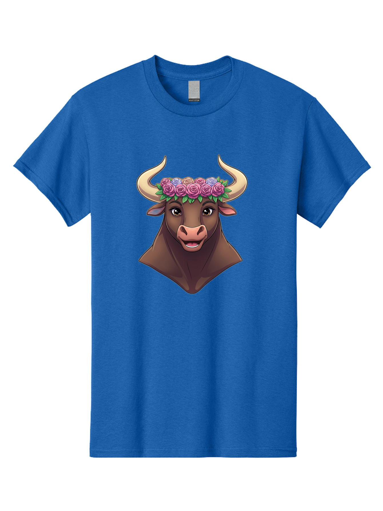 Taurus-Bull-Head Men'S Graphic Tee, 100% Cotton, Comfortable Casual Summer Wear, Machine Washable, Cartoon Bull, Floral Crown, Pink Roses, Purple Flowers, Happy Expression, Brown Cow, Large Horns, Whimsical Design, Illustration Art, Bae303