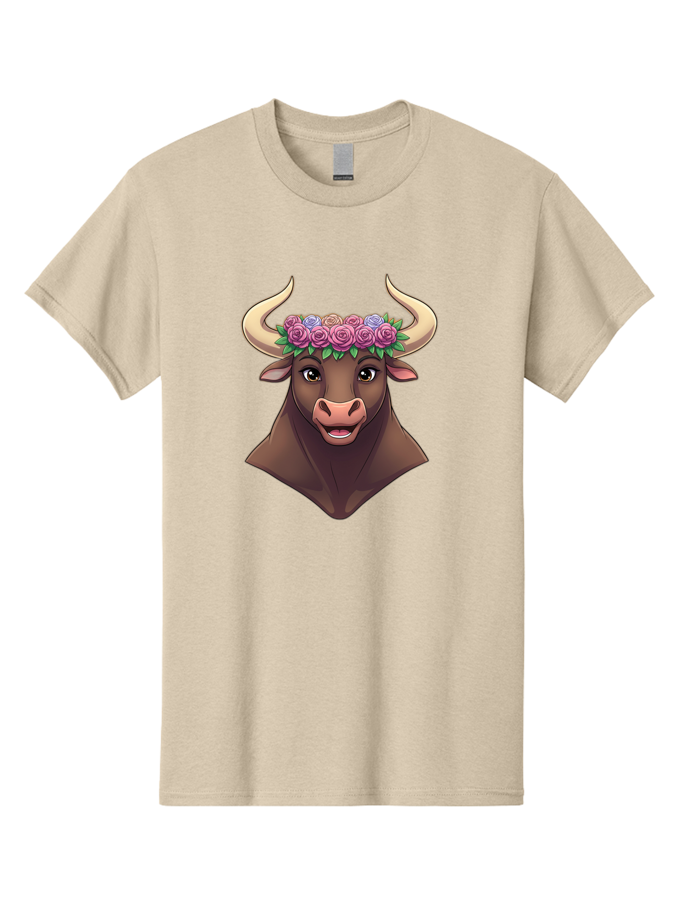 Taurus-Bull-Head Men'S Graphic Tee, 100% Cotton, Comfortable Casual Summer Wear, Machine Washable, Cartoon Bull, Floral Crown, Pink Roses, Purple Flowers, Happy Expression, Brown Cow, Large Horns, Whimsical Design, Illustration Art, Bae303