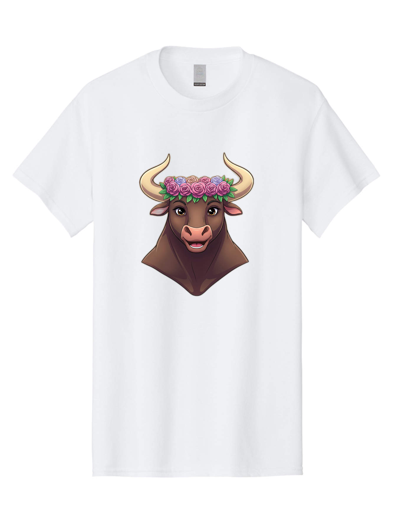 Taurus-Bull-Head Men'S Graphic Tee, 100% Cotton, Comfortable Casual Summer Wear, Machine Washable, Cartoon Bull, Floral Crown, Pink Roses, Purple Flowers, Happy Expression, Brown Cow, Large Horns, Whimsical Design, Illustration Art, Bae303