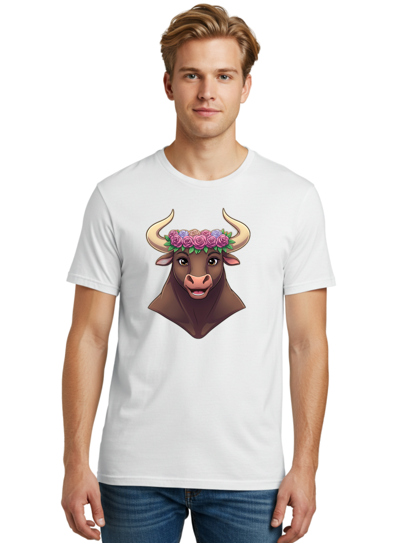 Taurus-Bull-Head Men'S Graphic Tee, 100% Cotton, Comfortable Casual Summer Wear, Machine Washable, Cartoon Bull, Floral Crown, Pink Roses, Purple Flowers, Happy Expression, Brown Cow, Large Horns, Whimsical Design, Illustration Art, Bae303