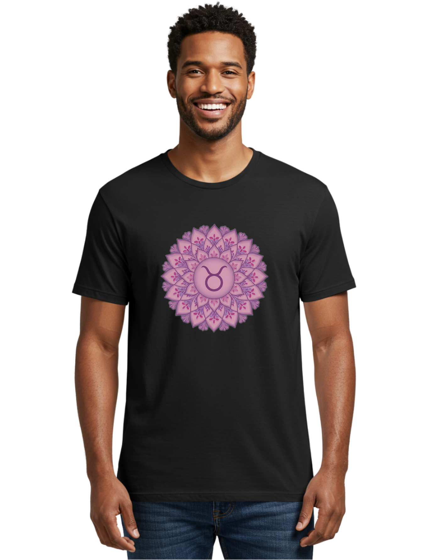 Taurus-Symbol-Mandala Men'S Graphic Tee, 100% Cotton, Comfortable Casual Summer Wear, Machine Washable, Taurus Symbol, Mandala Design, Floral Pattern, Purple Hues, Astrological Sign, Mystical Art, Zodiac Symbol, Spiritual Iconography, Bae304