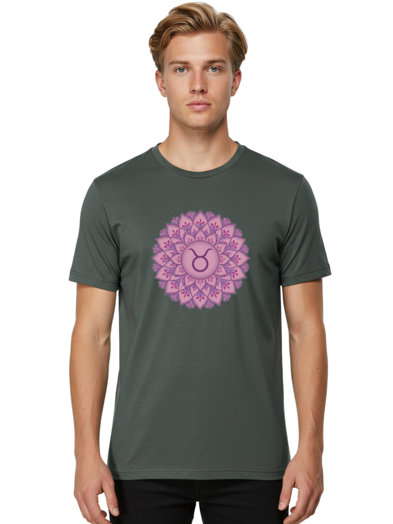 Taurus-Symbol-Mandala Men'S Graphic Tee, 100% Cotton, Comfortable Casual Summer Wear, Machine Washable, Taurus Symbol, Mandala Design, Floral Pattern, Purple Hues, Astrological Sign, Mystical Art, Zodiac Symbol, Spiritual Iconography, Bae304