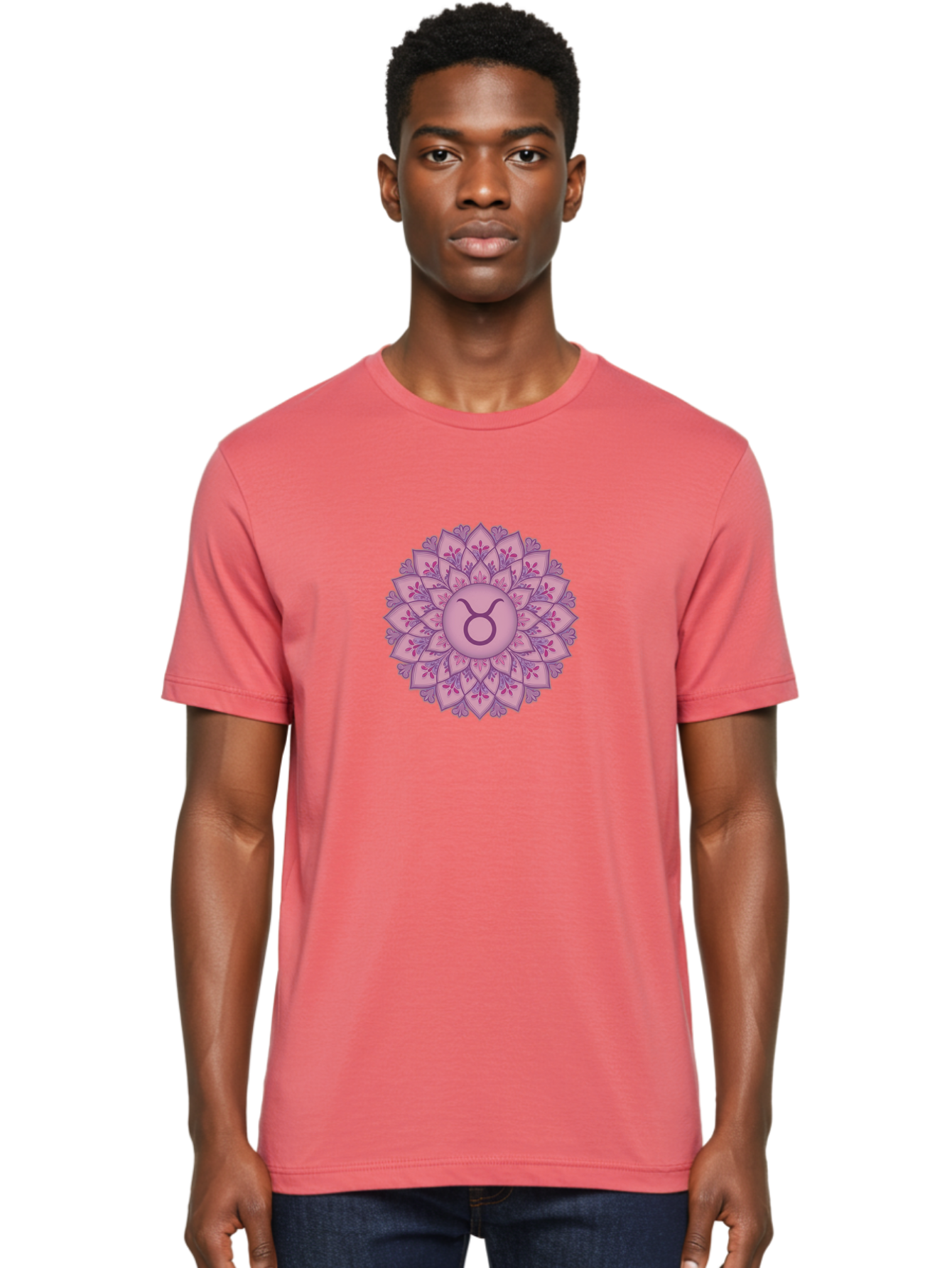 Taurus-Symbol-Mandala Men'S Graphic Tee, 100% Cotton, Comfortable Casual Summer Wear, Machine Washable, Taurus Symbol, Mandala Design, Floral Pattern, Purple Hues, Astrological Sign, Mystical Art, Zodiac Symbol, Spiritual Iconography, Bae304