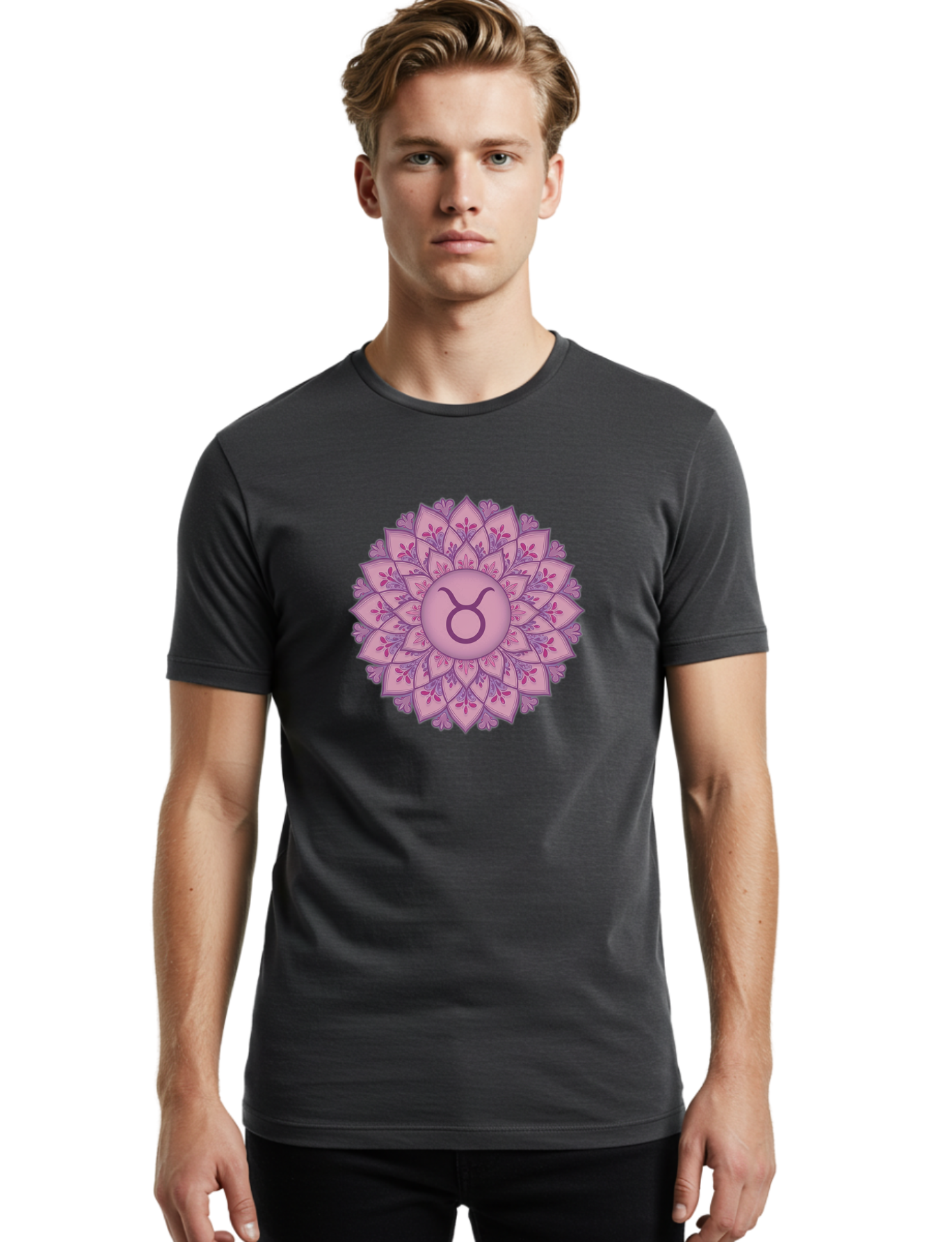 Taurus-Symbol-Mandala Men'S Graphic Tee, 100% Cotton, Comfortable Casual Summer Wear, Machine Washable, Taurus Symbol, Mandala Design, Floral Pattern, Purple Hues, Astrological Sign, Mystical Art, Zodiac Symbol, Spiritual Iconography, Bae304