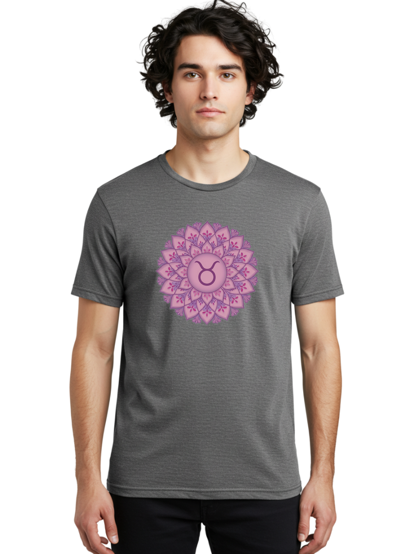 Taurus-Symbol-Mandala Men'S Graphic Tee, 100% Cotton, Comfortable Casual Summer Wear, Machine Washable, Taurus Symbol, Mandala Design, Floral Pattern, Purple Hues, Astrological Sign, Mystical Art, Zodiac Symbol, Spiritual Iconography, Bae304