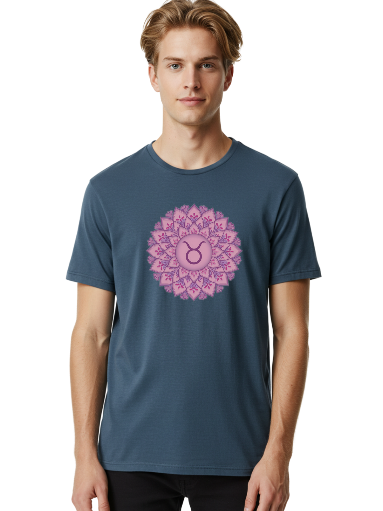 Taurus-Symbol-Mandala Men'S Graphic Tee, 100% Cotton, Comfortable Casual Summer Wear, Machine Washable, Taurus Symbol, Mandala Design, Floral Pattern, Purple Hues, Astrological Sign, Mystical Art, Zodiac Symbol, Spiritual Iconography, Bae304