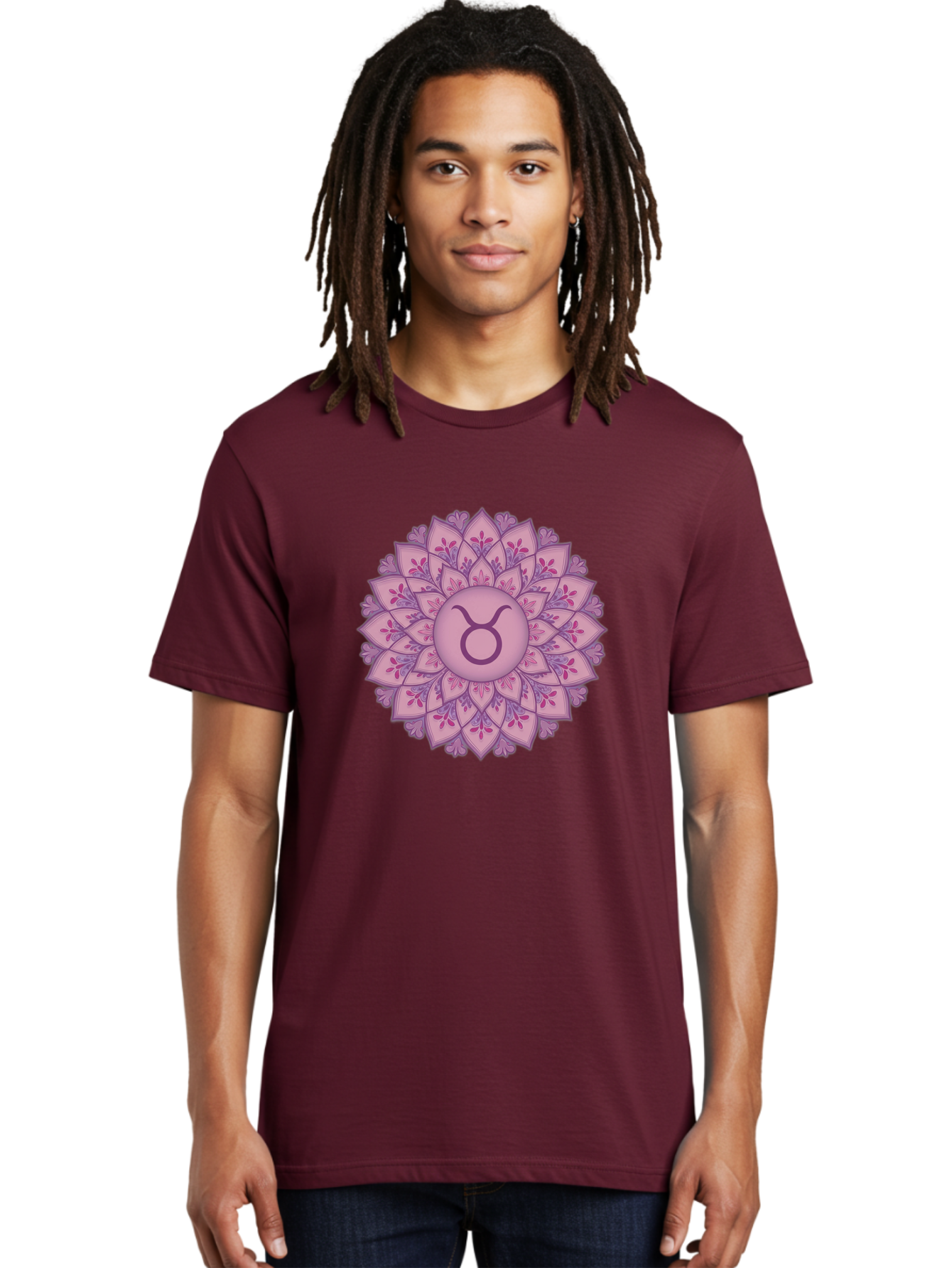 Taurus-Symbol-Mandala Men'S Graphic Tee, 100% Cotton, Comfortable Casual Summer Wear, Machine Washable, Taurus Symbol, Mandala Design, Floral Pattern, Purple Hues, Astrological Sign, Mystical Art, Zodiac Symbol, Spiritual Iconography, Bae304