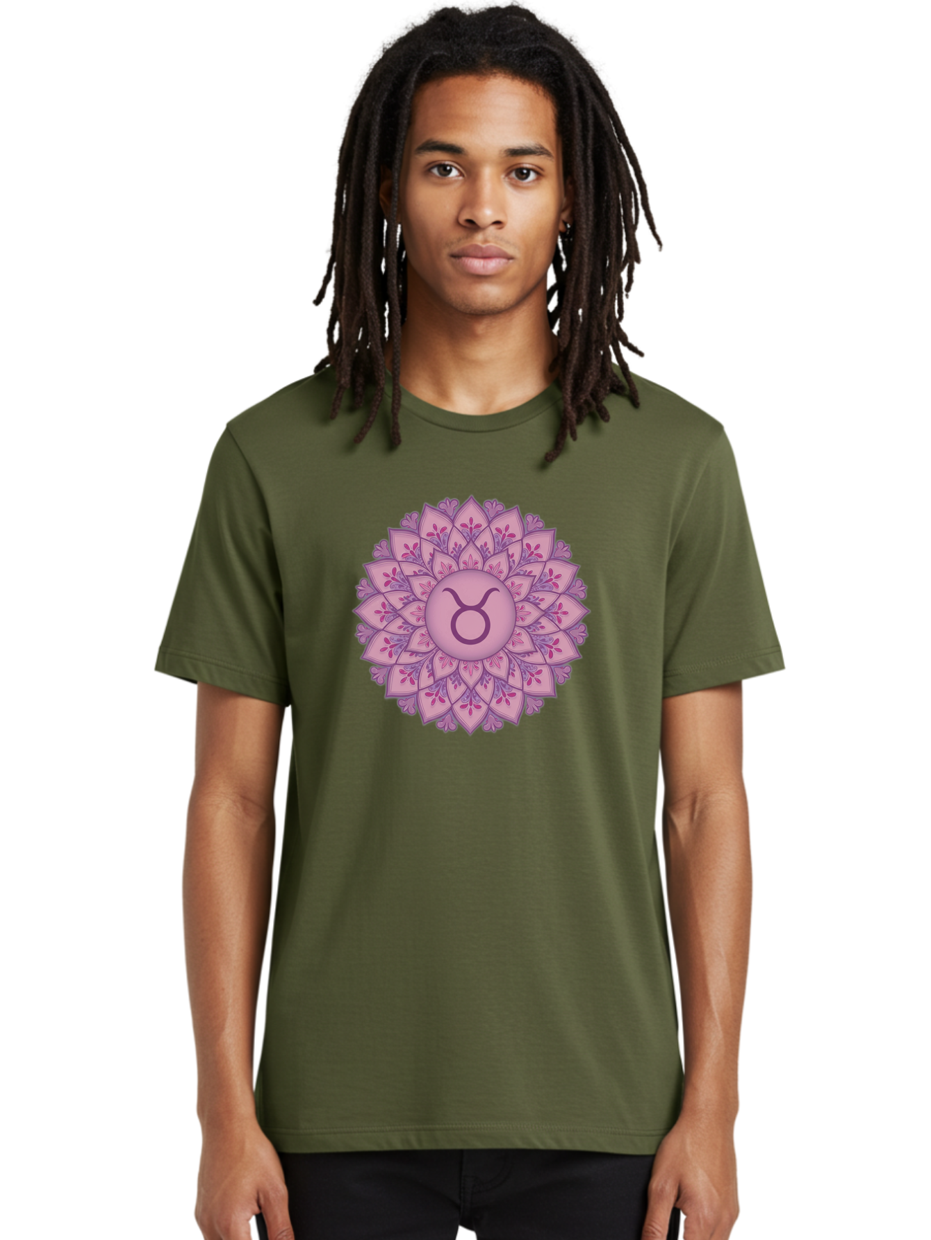 Taurus-Symbol-Mandala Men'S Graphic Tee, 100% Cotton, Comfortable Casual Summer Wear, Machine Washable, Taurus Symbol, Mandala Design, Floral Pattern, Purple Hues, Astrological Sign, Mystical Art, Zodiac Symbol, Spiritual Iconography, Bae304