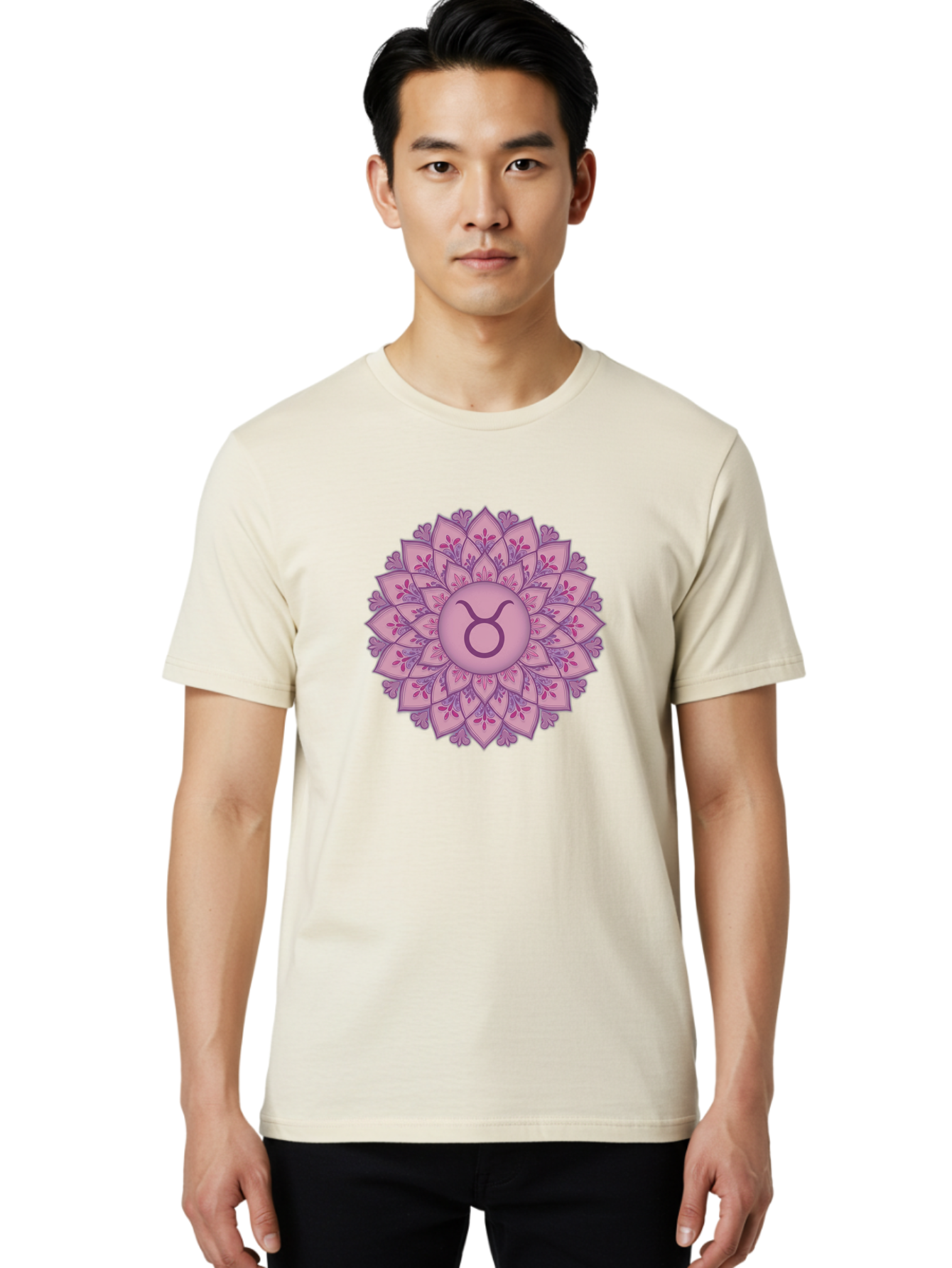 Taurus-Symbol-Mandala Men'S Graphic Tee, 100% Cotton, Comfortable Casual Summer Wear, Machine Washable, Taurus Symbol, Mandala Design, Floral Pattern, Purple Hues, Astrological Sign, Mystical Art, Zodiac Symbol, Spiritual Iconography, Bae304