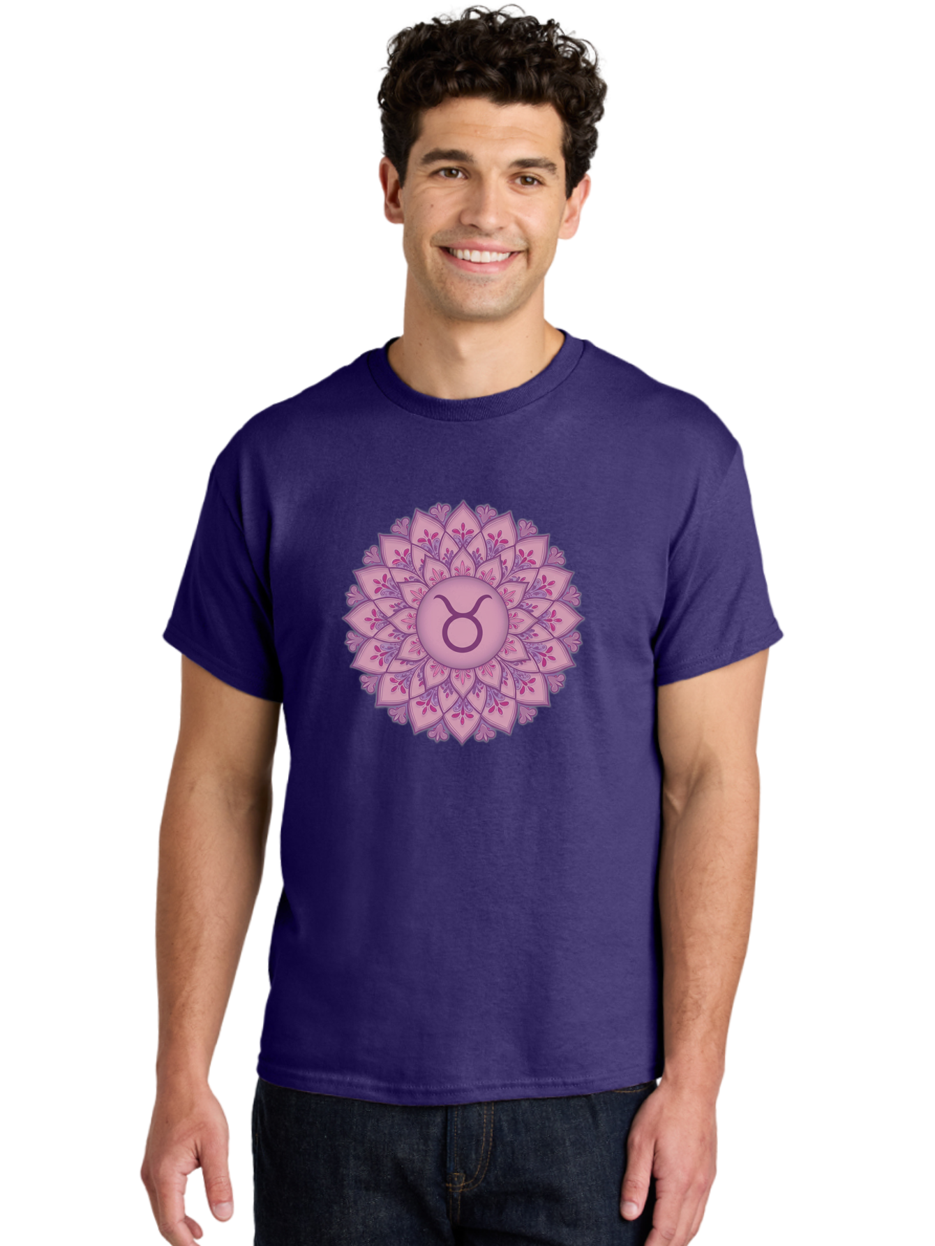 Taurus-Symbol-Mandala Men'S Graphic Tee, 100% Cotton, Comfortable Casual Summer Wear, Machine Washable, Taurus Symbol, Mandala Design, Floral Pattern, Purple Hues, Astrological Sign, Mystical Art, Zodiac Symbol, Spiritual Iconography, Bae304
