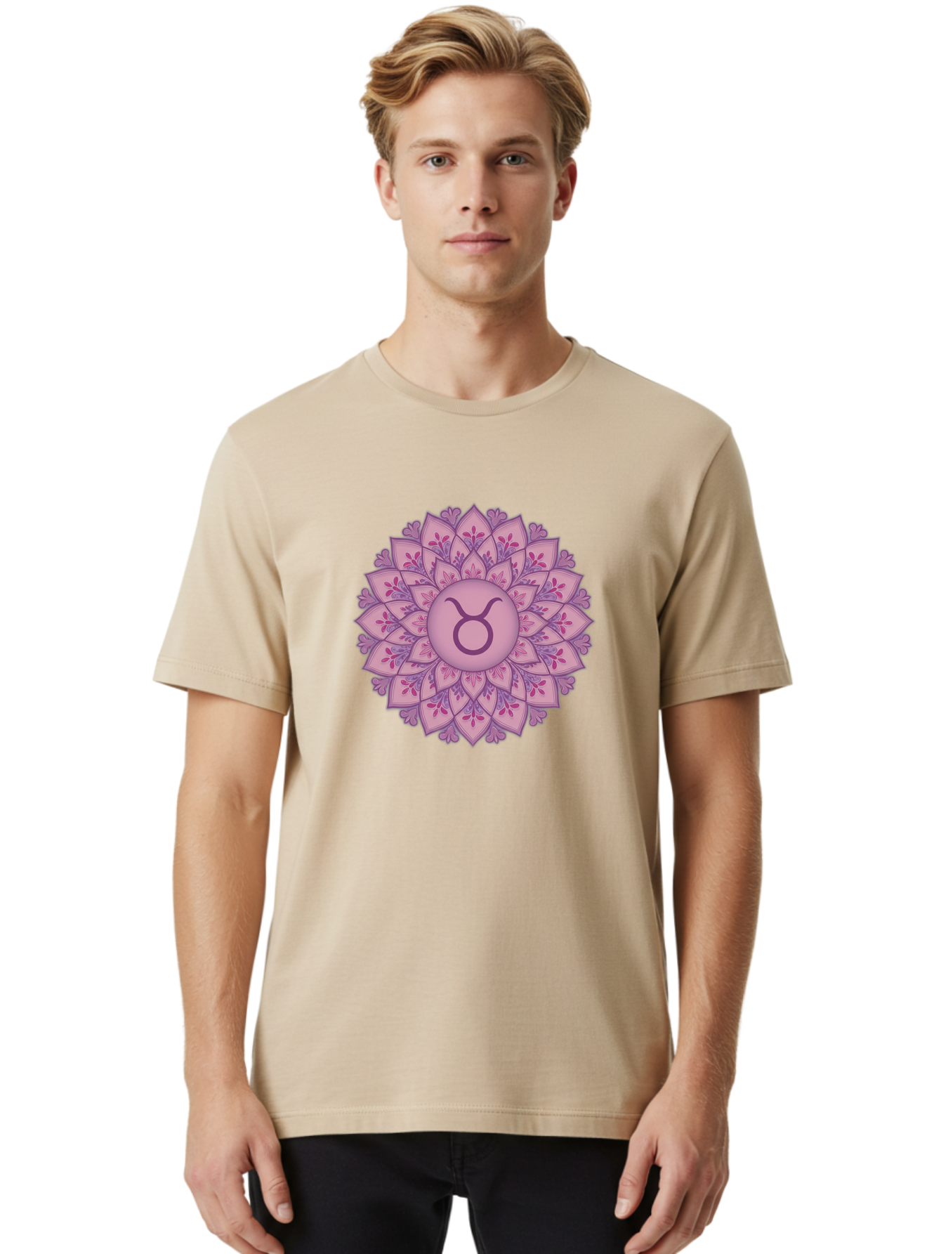 Taurus-Symbol-Mandala Men'S Graphic Tee, 100% Cotton, Comfortable Casual Summer Wear, Machine Washable, Taurus Symbol, Mandala Design, Floral Pattern, Purple Hues, Astrological Sign, Mystical Art, Zodiac Symbol, Spiritual Iconography, Bae304
