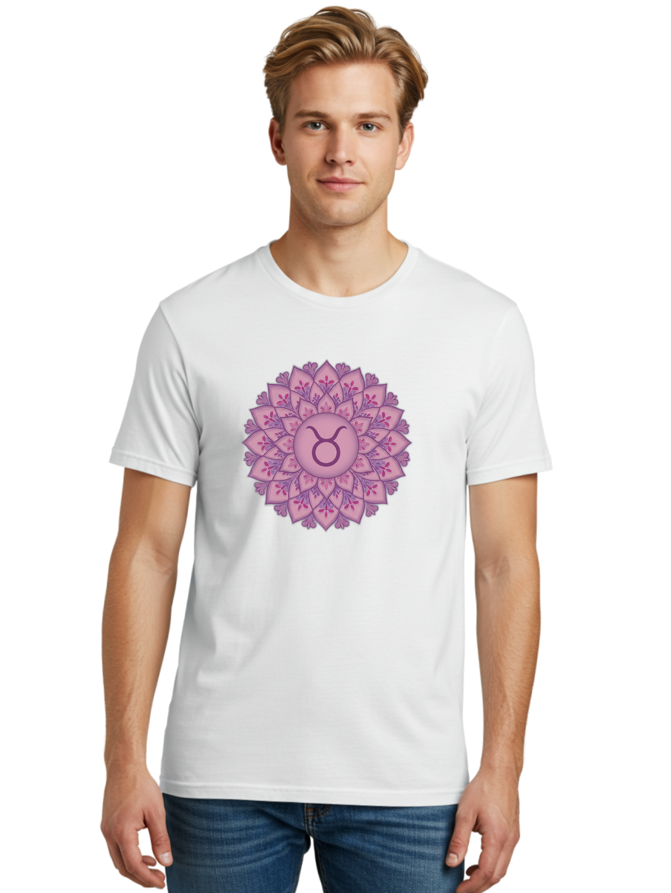 Taurus-Symbol-Mandala Men'S Graphic Tee, 100% Cotton, Comfortable Casual Summer Wear, Machine Washable, Taurus Symbol, Mandala Design, Floral Pattern, Purple Hues, Astrological Sign, Mystical Art, Zodiac Symbol, Spiritual Iconography, Bae304