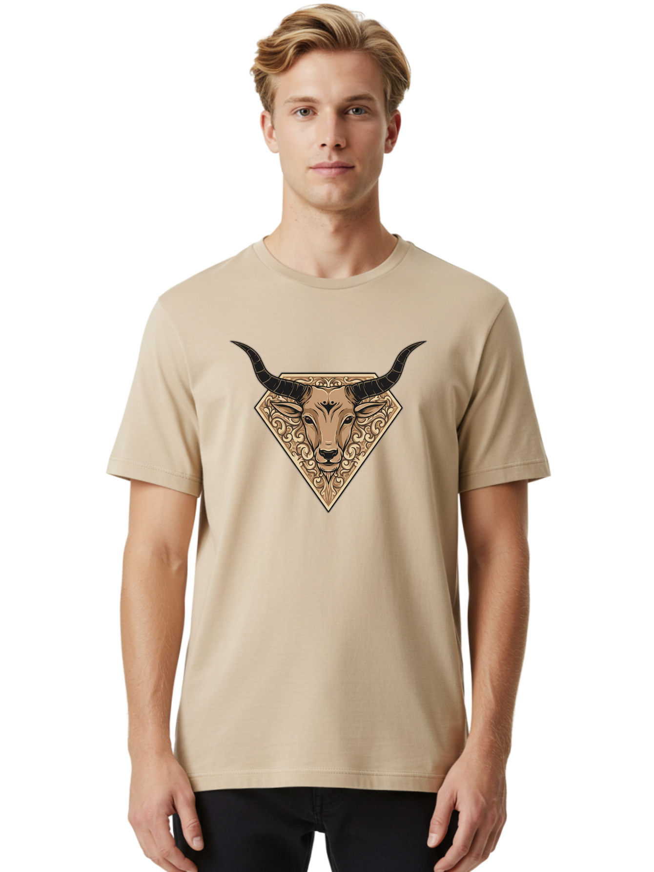 Taurus-Zodiac Men'S Graphic Tee, 100% Cotton, Comfortable Casual Summer Wear, Machine Washable, Taurus Bull, Zodiac Sign, Astrology Symbol, Bull Head, Ornate Design, Vintage Illustration, Esoteric Art, Horoscope Icon Bae305