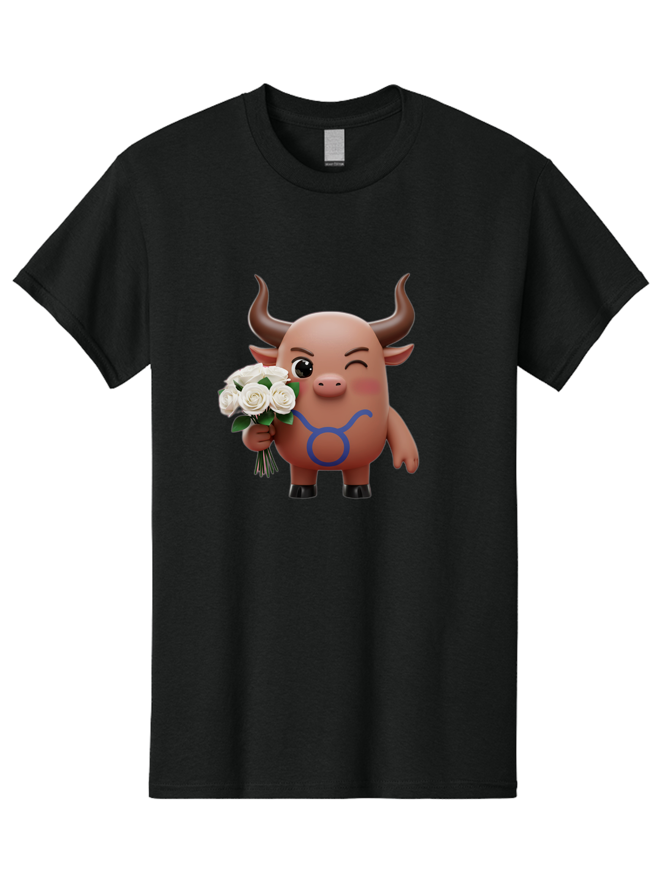Taurus Men'S Graphic Tee, 100% Cotton, Comfortable Casual Summer Wear, Machine Washable, Taurus Zodiac Symbol, Cartoon Bull Character, Holding White Roses, Symbol Of Love, Astrological Sign, Bull Emoji, Cute Illustration, Zodiac Sign, Bae306
