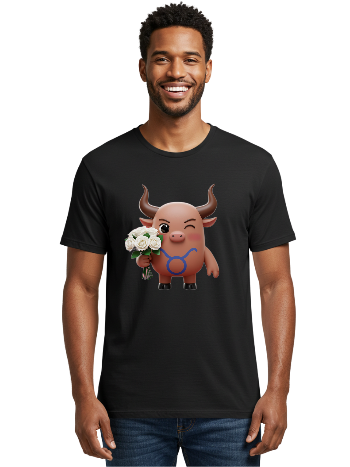 Taurus Men'S Graphic Tee, 100% Cotton, Comfortable Casual Summer Wear, Machine Washable, Taurus Zodiac Symbol, Cartoon Bull Character, Holding White Roses, Symbol Of Love, Astrological Sign, Bull Emoji, Cute Illustration, Zodiac Sign, Bae306