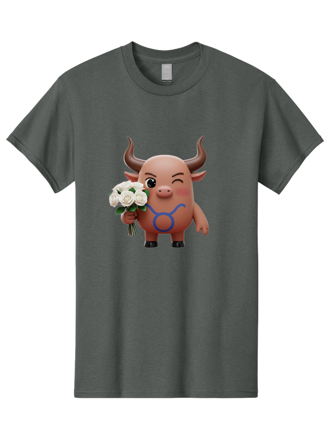Taurus Men'S Graphic Tee, 100% Cotton, Comfortable Casual Summer Wear, Machine Washable, Taurus Zodiac Symbol, Cartoon Bull Character, Holding White Roses, Symbol Of Love, Astrological Sign, Bull Emoji, Cute Illustration, Zodiac Sign, Bae306