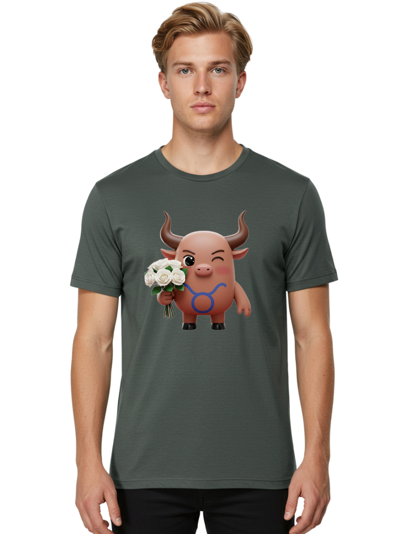 Taurus Men'S Graphic Tee, 100% Cotton, Comfortable Casual Summer Wear, Machine Washable, Taurus Zodiac Symbol, Cartoon Bull Character, Holding White Roses, Symbol Of Love, Astrological Sign, Bull Emoji, Cute Illustration, Zodiac Sign, Bae306