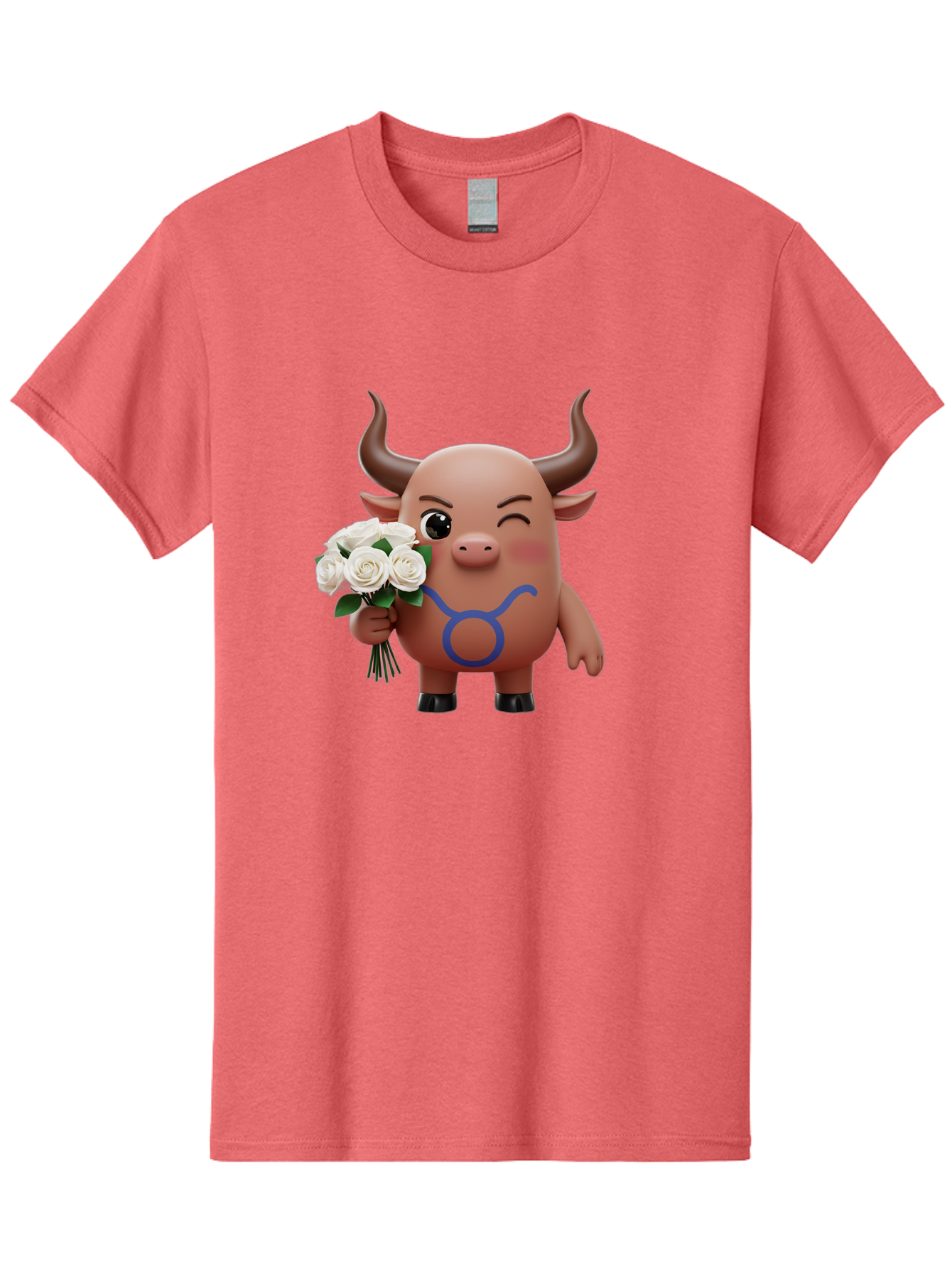 Taurus Men'S Graphic Tee, 100% Cotton, Comfortable Casual Summer Wear, Machine Washable, Taurus Zodiac Symbol, Cartoon Bull Character, Holding White Roses, Symbol Of Love, Astrological Sign, Bull Emoji, Cute Illustration, Zodiac Sign, Bae306