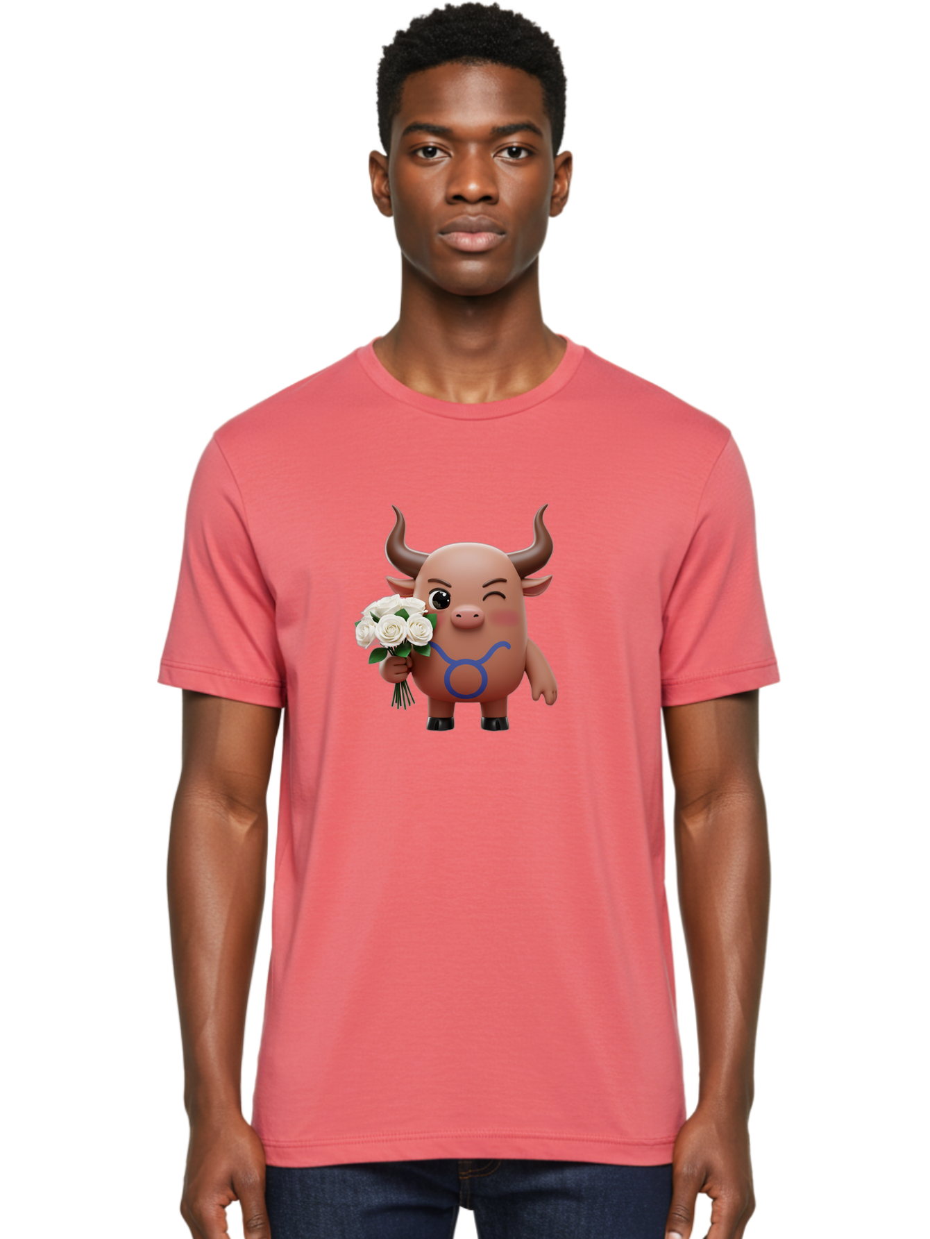 Taurus Men'S Graphic Tee, 100% Cotton, Comfortable Casual Summer Wear, Machine Washable, Taurus Zodiac Symbol, Cartoon Bull Character, Holding White Roses, Symbol Of Love, Astrological Sign, Bull Emoji, Cute Illustration, Zodiac Sign, Bae306