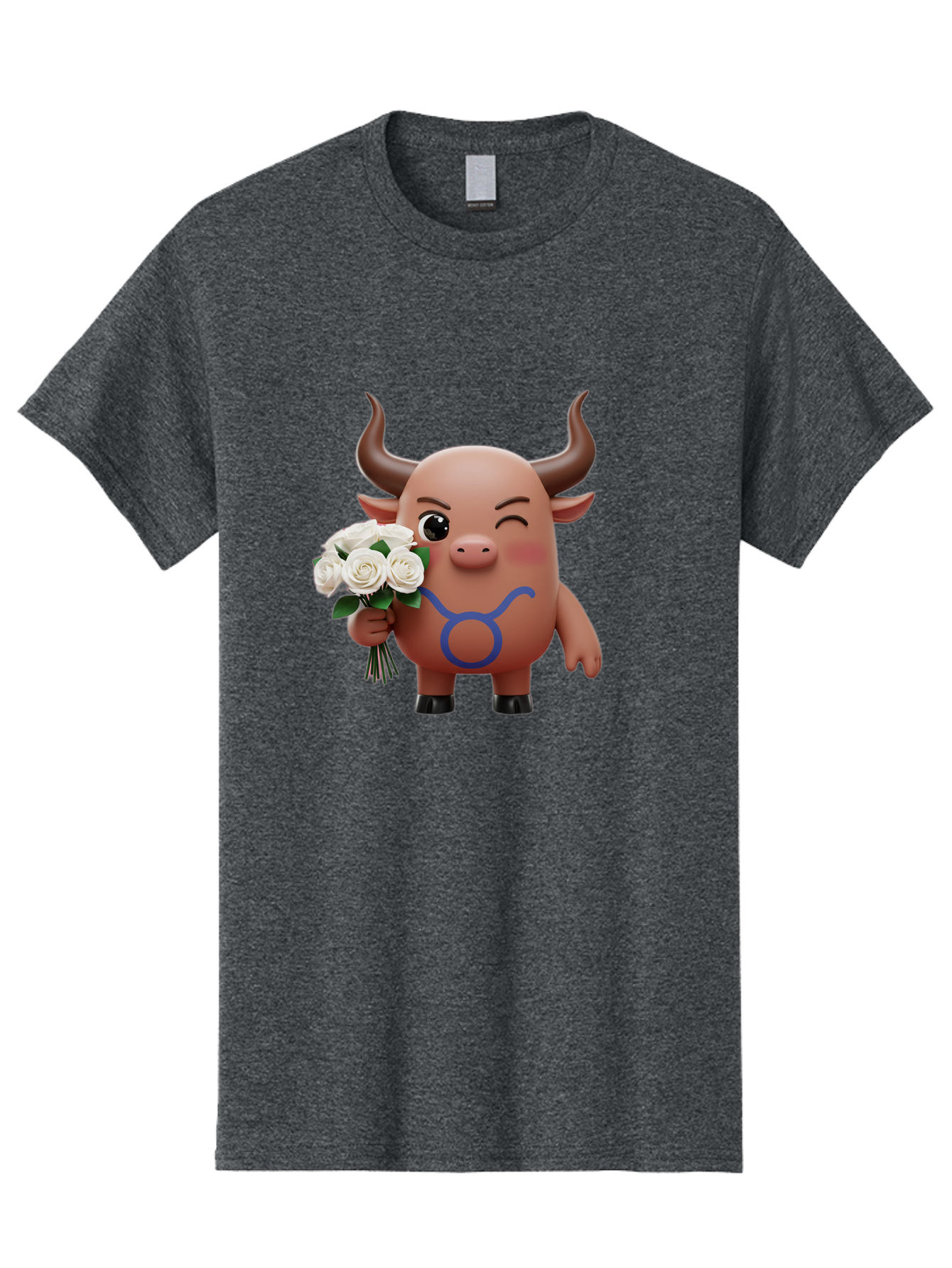 Taurus Men'S Graphic Tee, 100% Cotton, Comfortable Casual Summer Wear, Machine Washable, Taurus Zodiac Symbol, Cartoon Bull Character, Holding White Roses, Symbol Of Love, Astrological Sign, Bull Emoji, Cute Illustration, Zodiac Sign, Bae306