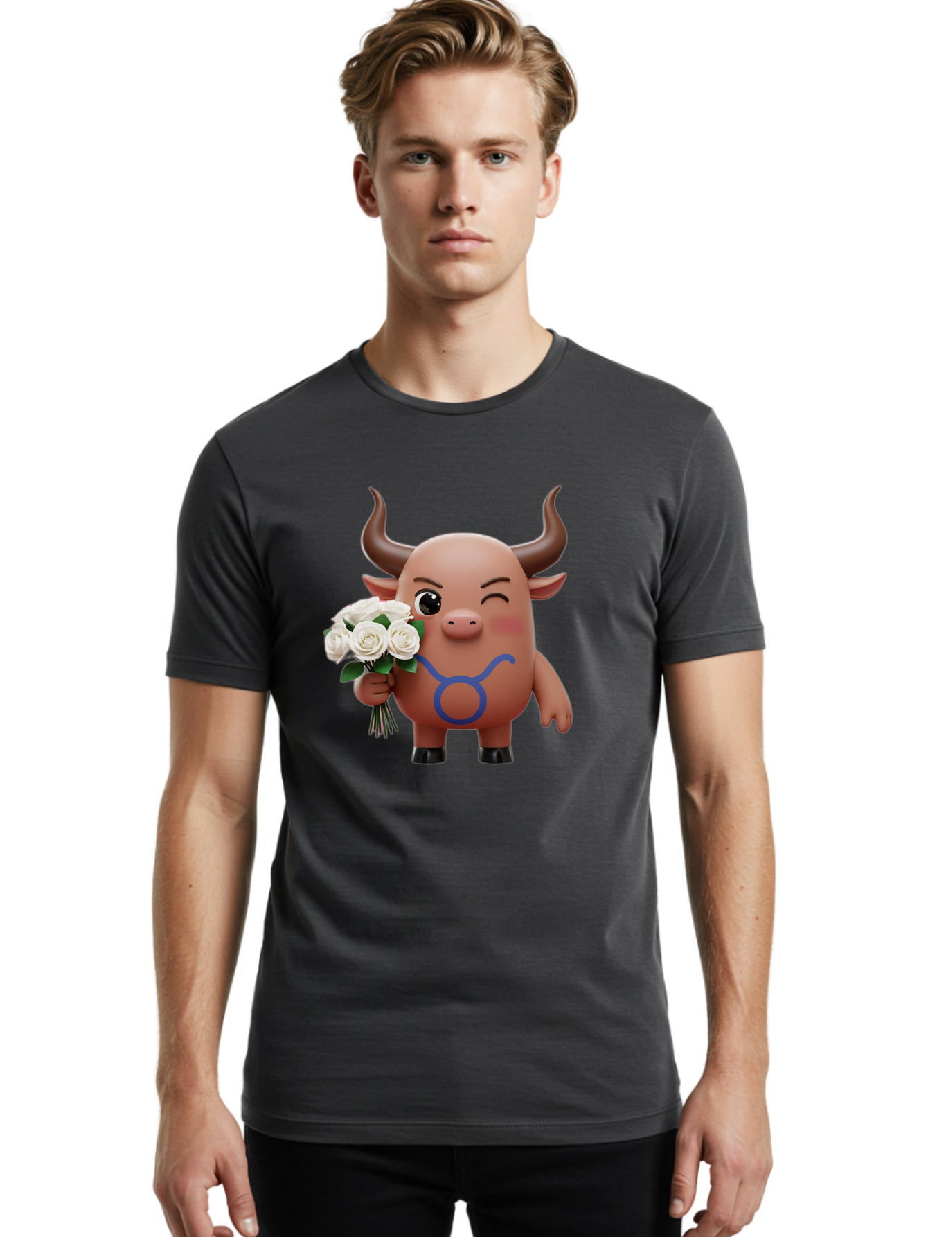 Taurus Men'S Graphic Tee, 100% Cotton, Comfortable Casual Summer Wear, Machine Washable, Taurus Zodiac Symbol, Cartoon Bull Character, Holding White Roses, Symbol Of Love, Astrological Sign, Bull Emoji, Cute Illustration, Zodiac Sign, Bae306