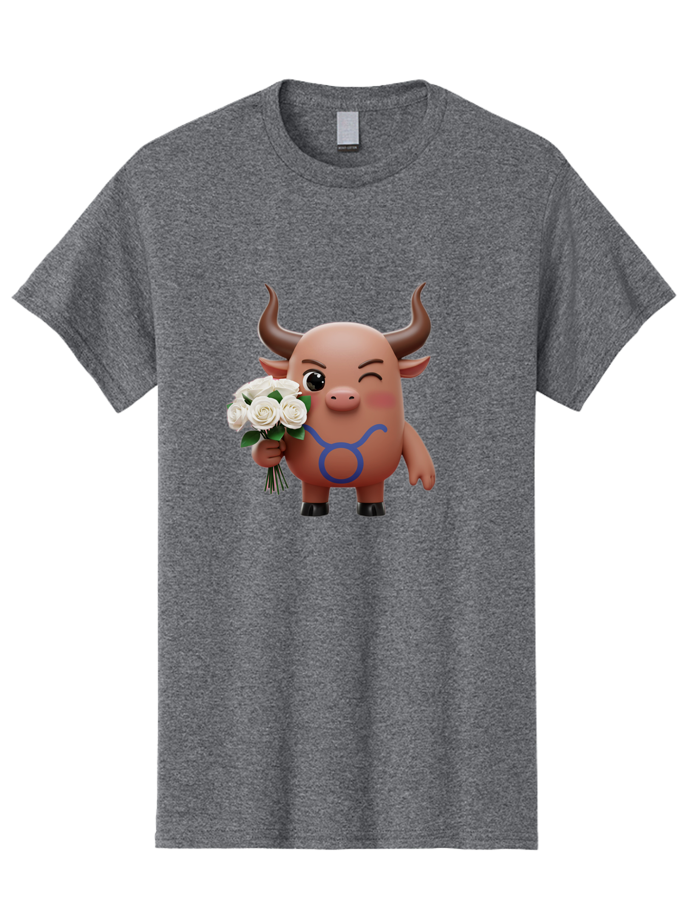 Taurus Men'S Graphic Tee, 100% Cotton, Comfortable Casual Summer Wear, Machine Washable, Taurus Zodiac Symbol, Cartoon Bull Character, Holding White Roses, Symbol Of Love, Astrological Sign, Bull Emoji, Cute Illustration, Zodiac Sign, Bae306