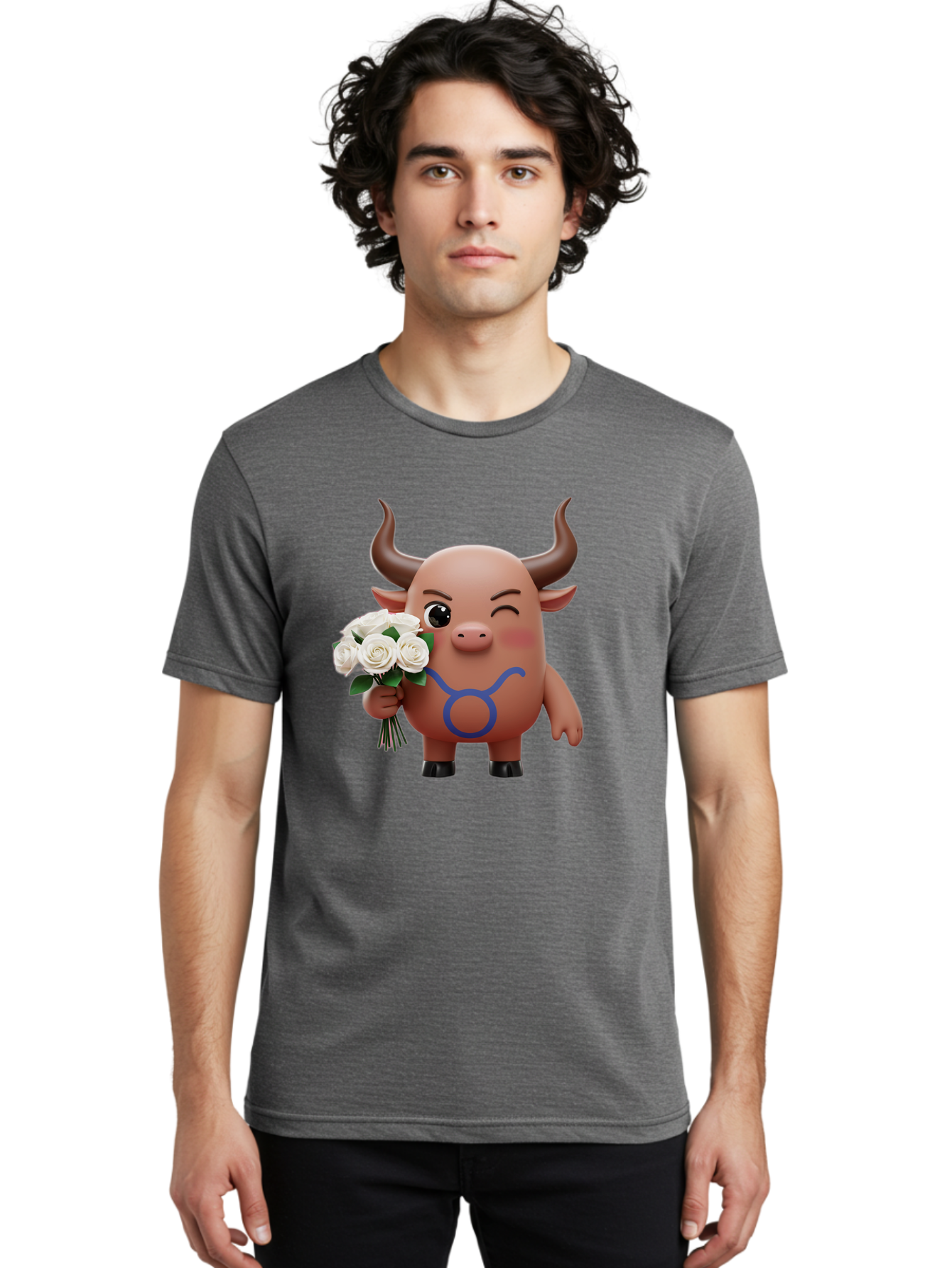 Taurus Men'S Graphic Tee, 100% Cotton, Comfortable Casual Summer Wear, Machine Washable, Taurus Zodiac Symbol, Cartoon Bull Character, Holding White Roses, Symbol Of Love, Astrological Sign, Bull Emoji, Cute Illustration, Zodiac Sign, Bae306