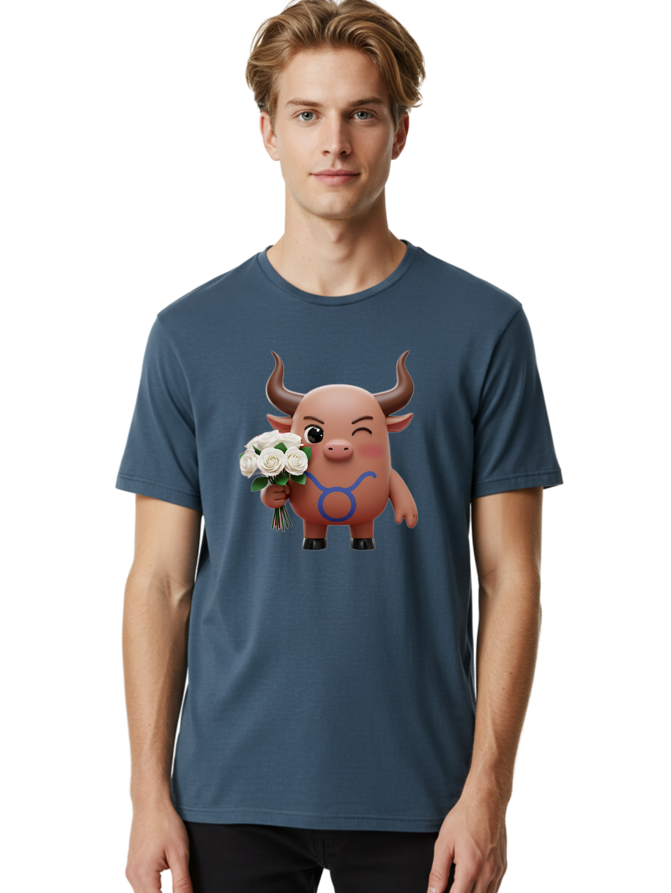Taurus Men'S Graphic Tee, 100% Cotton, Comfortable Casual Summer Wear, Machine Washable, Taurus Zodiac Symbol, Cartoon Bull Character, Holding White Roses, Symbol Of Love, Astrological Sign, Bull Emoji, Cute Illustration, Zodiac Sign, Bae306
