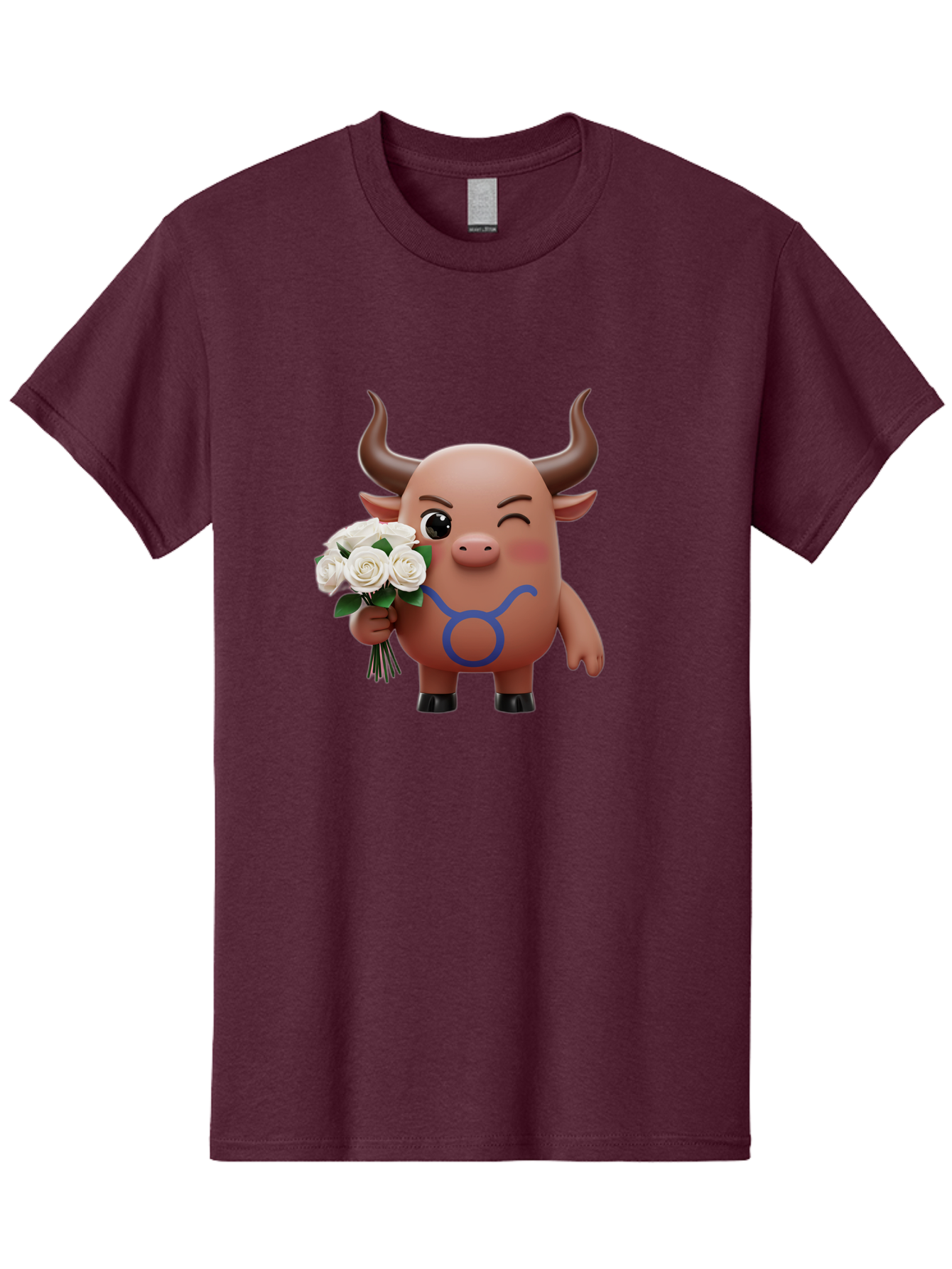 Taurus Men'S Graphic Tee, 100% Cotton, Comfortable Casual Summer Wear, Machine Washable, Taurus Zodiac Symbol, Cartoon Bull Character, Holding White Roses, Symbol Of Love, Astrological Sign, Bull Emoji, Cute Illustration, Zodiac Sign, Bae306