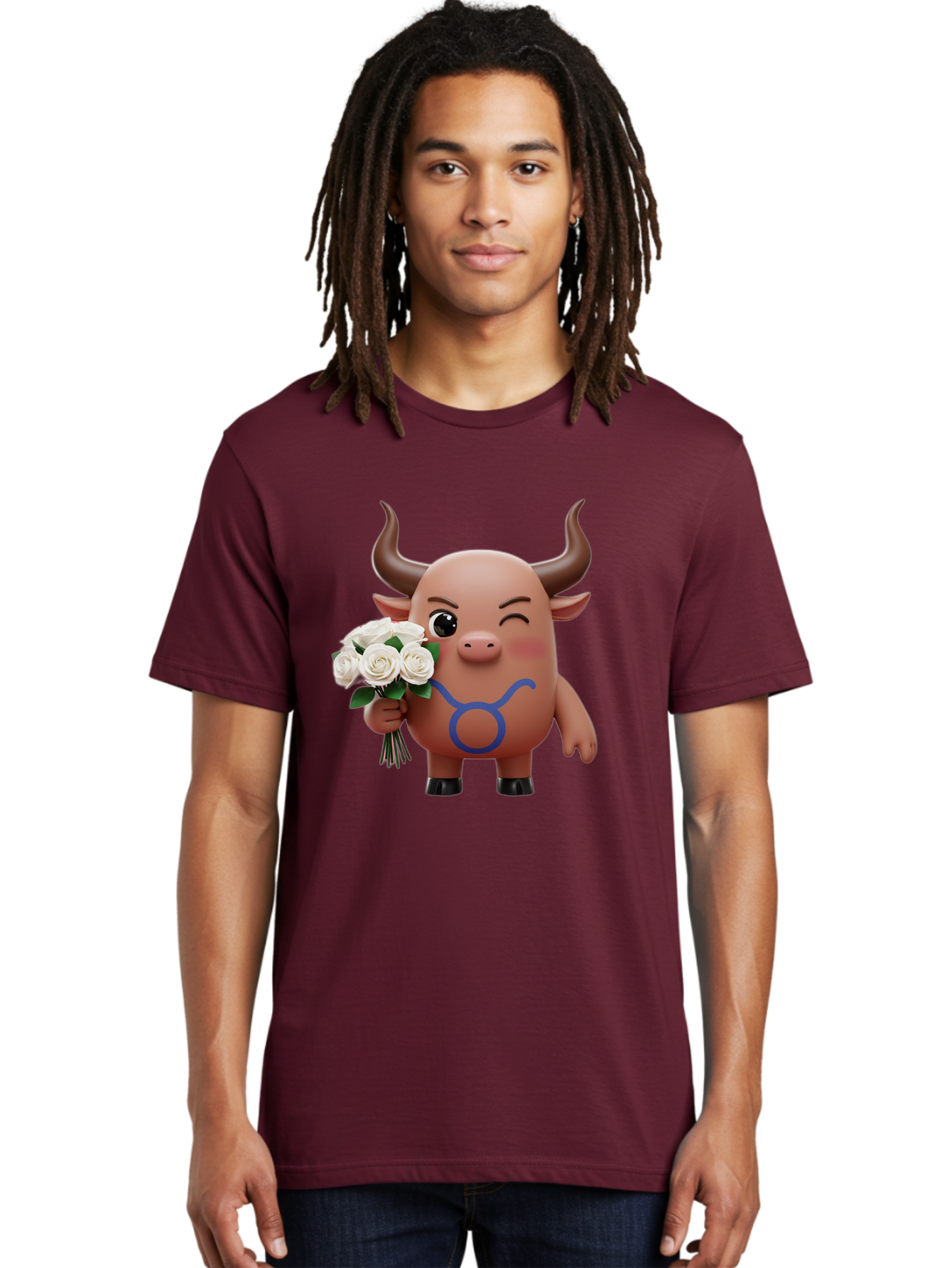 Taurus Men'S Graphic Tee, 100% Cotton, Comfortable Casual Summer Wear, Machine Washable, Taurus Zodiac Symbol, Cartoon Bull Character, Holding White Roses, Symbol Of Love, Astrological Sign, Bull Emoji, Cute Illustration, Zodiac Sign, Bae306