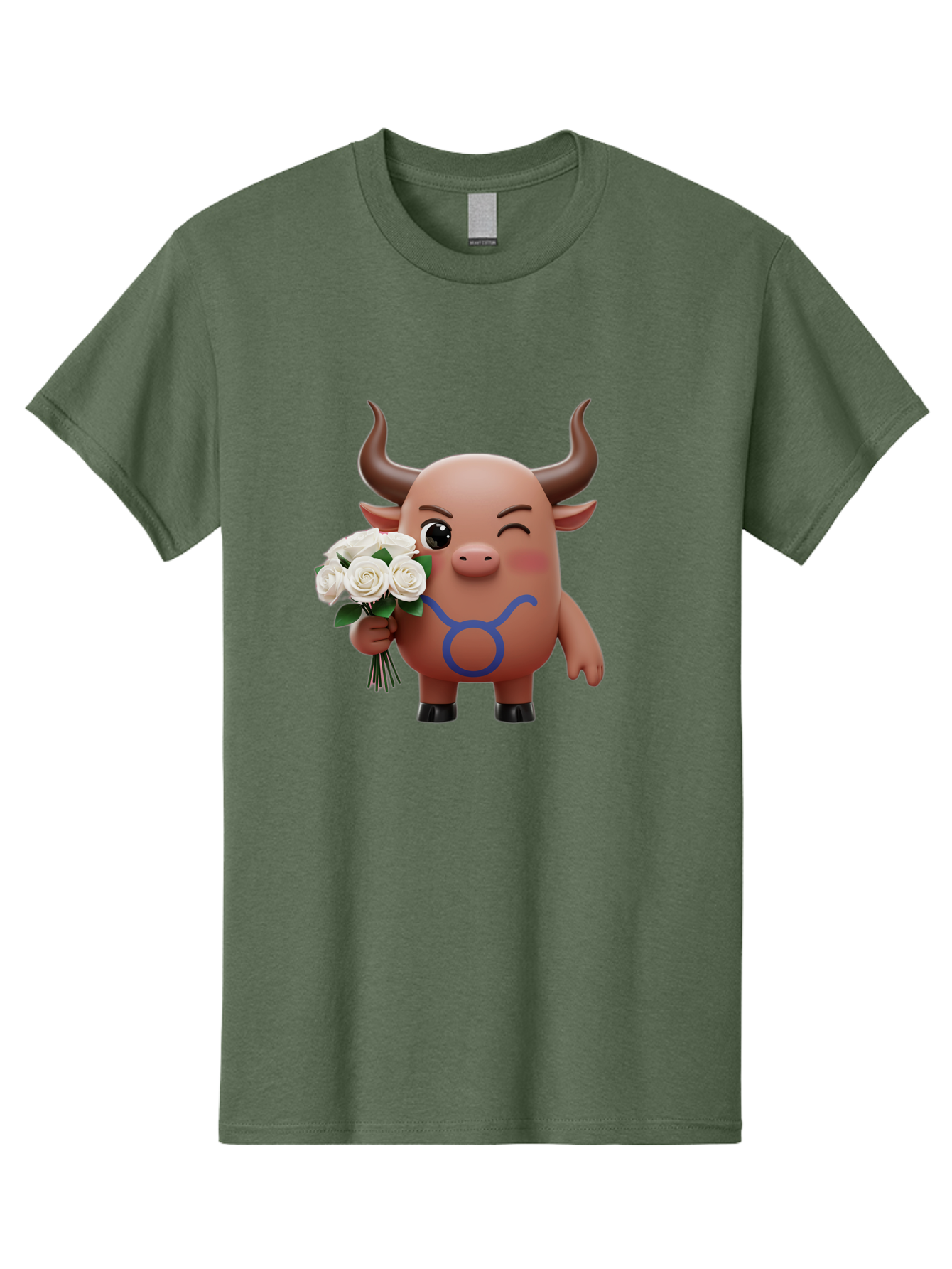 Taurus Men'S Graphic Tee, 100% Cotton, Comfortable Casual Summer Wear, Machine Washable, Taurus Zodiac Symbol, Cartoon Bull Character, Holding White Roses, Symbol Of Love, Astrological Sign, Bull Emoji, Cute Illustration, Zodiac Sign, Bae306