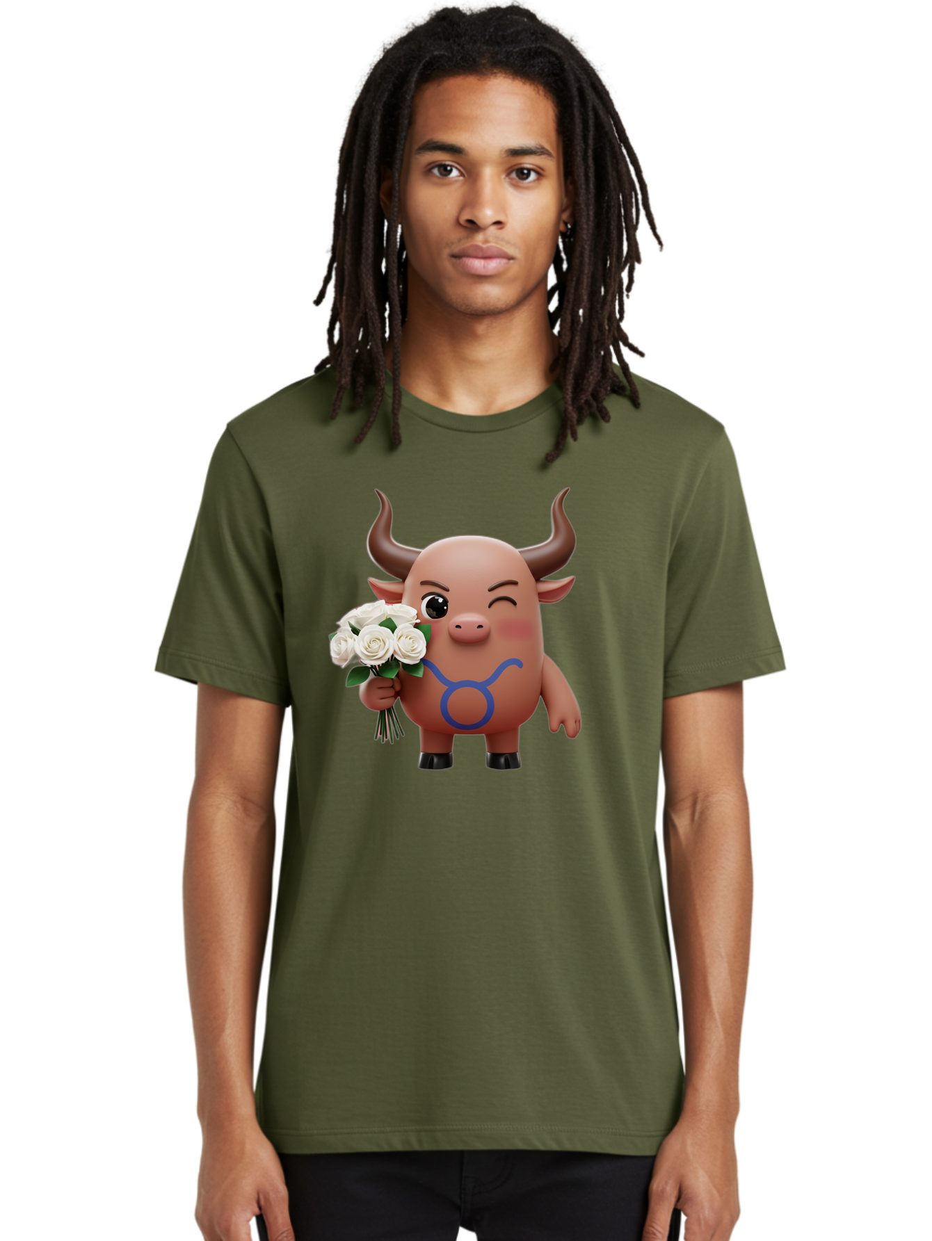 Taurus Men'S Graphic Tee, 100% Cotton, Comfortable Casual Summer Wear, Machine Washable, Taurus Zodiac Symbol, Cartoon Bull Character, Holding White Roses, Symbol Of Love, Astrological Sign, Bull Emoji, Cute Illustration, Zodiac Sign, Bae306