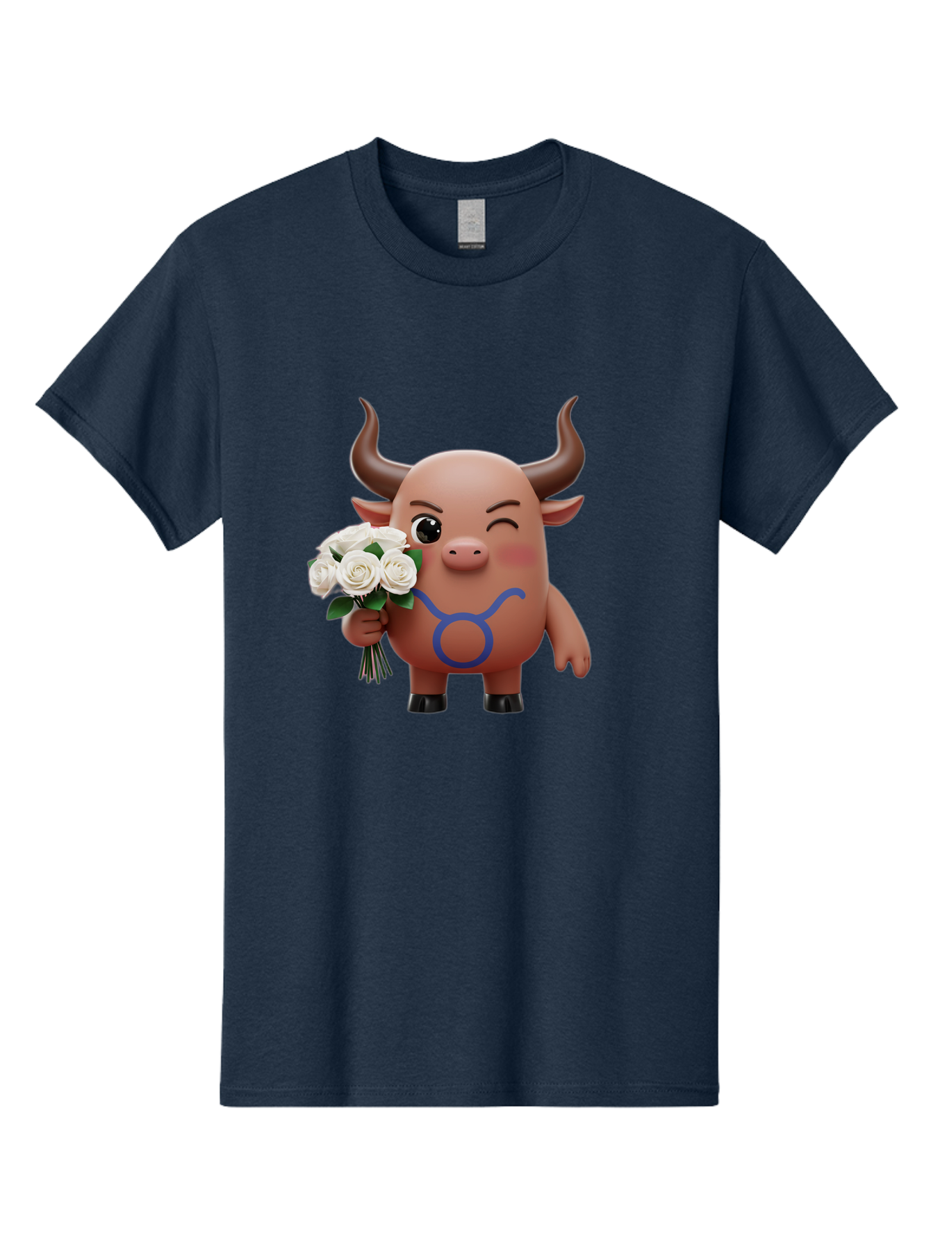 Taurus Men'S Graphic Tee, 100% Cotton, Comfortable Casual Summer Wear, Machine Washable, Taurus Zodiac Symbol, Cartoon Bull Character, Holding White Roses, Symbol Of Love, Astrological Sign, Bull Emoji, Cute Illustration, Zodiac Sign, Bae306