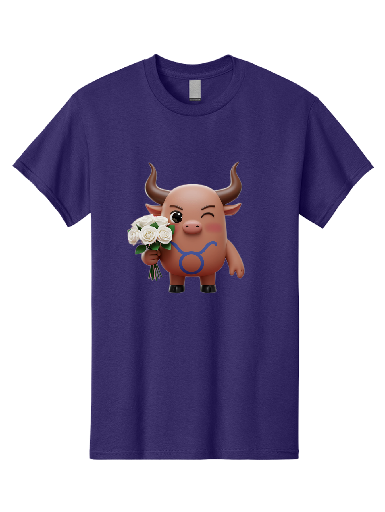 Taurus Men'S Graphic Tee, 100% Cotton, Comfortable Casual Summer Wear, Machine Washable, Taurus Zodiac Symbol, Cartoon Bull Character, Holding White Roses, Symbol Of Love, Astrological Sign, Bull Emoji, Cute Illustration, Zodiac Sign, Bae306