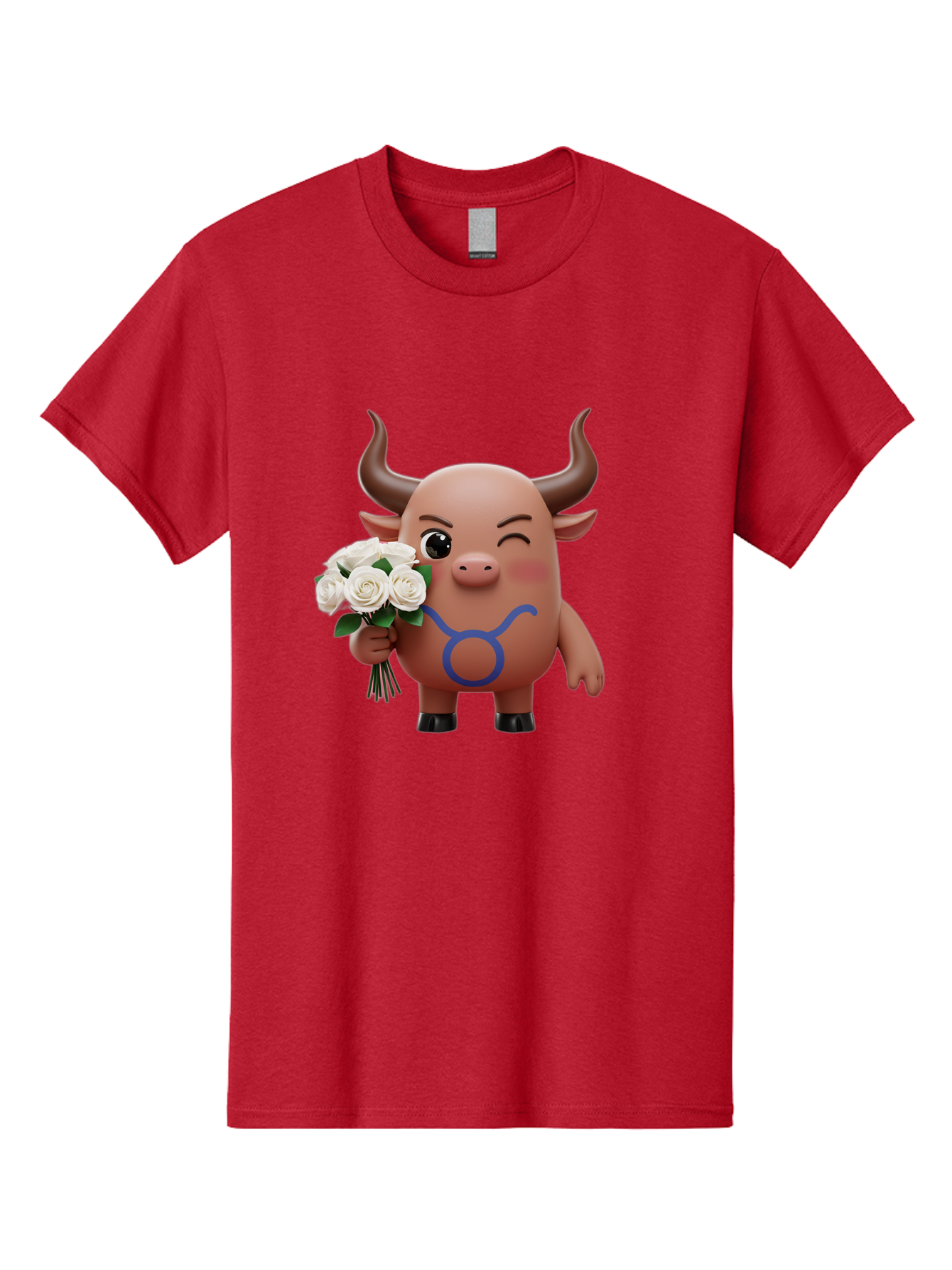 Taurus Men'S Graphic Tee, 100% Cotton, Comfortable Casual Summer Wear, Machine Washable, Taurus Zodiac Symbol, Cartoon Bull Character, Holding White Roses, Symbol Of Love, Astrological Sign, Bull Emoji, Cute Illustration, Zodiac Sign, Bae306