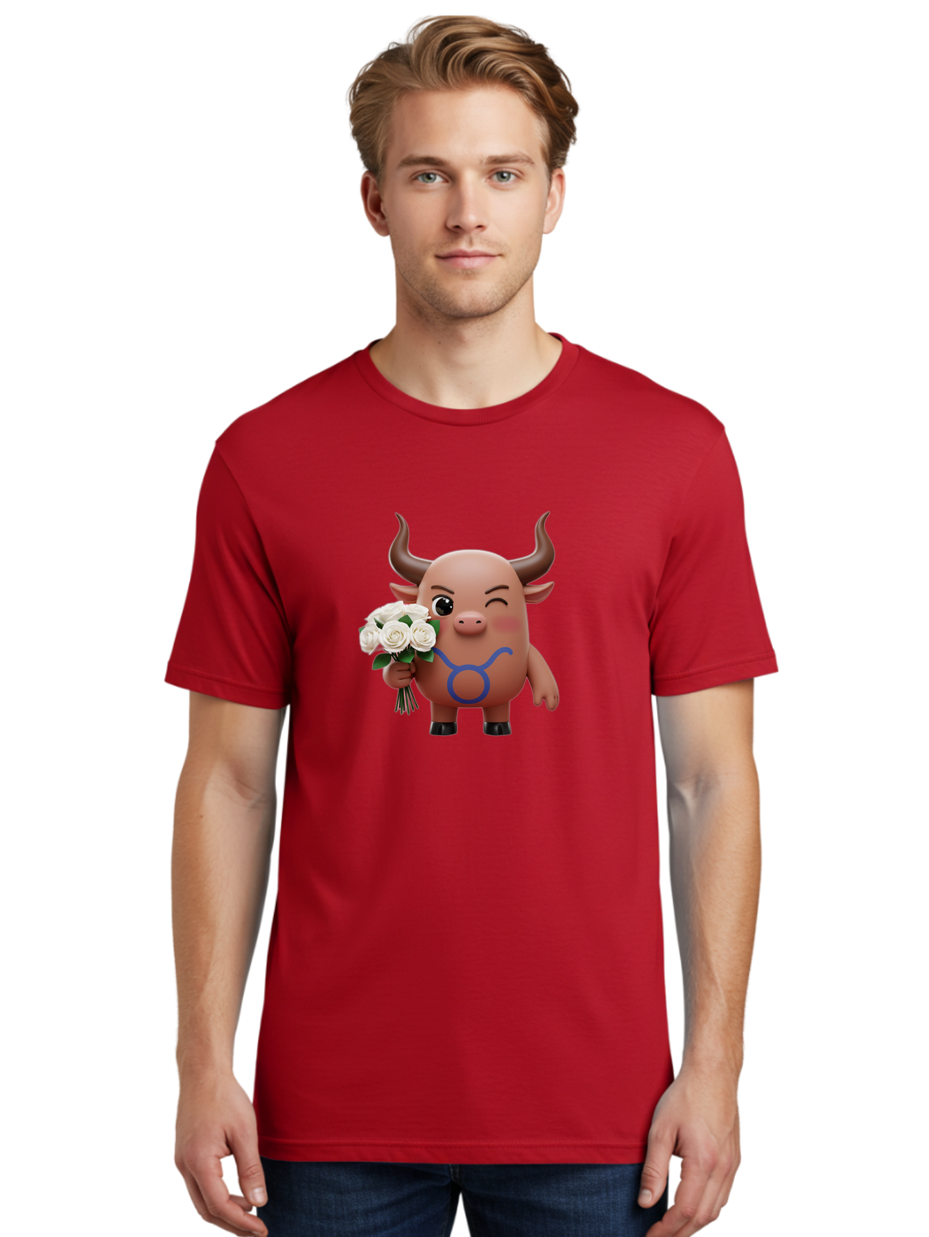 Taurus Men'S Graphic Tee, 100% Cotton, Comfortable Casual Summer Wear, Machine Washable, Taurus Zodiac Symbol, Cartoon Bull Character, Holding White Roses, Symbol Of Love, Astrological Sign, Bull Emoji, Cute Illustration, Zodiac Sign, Bae306