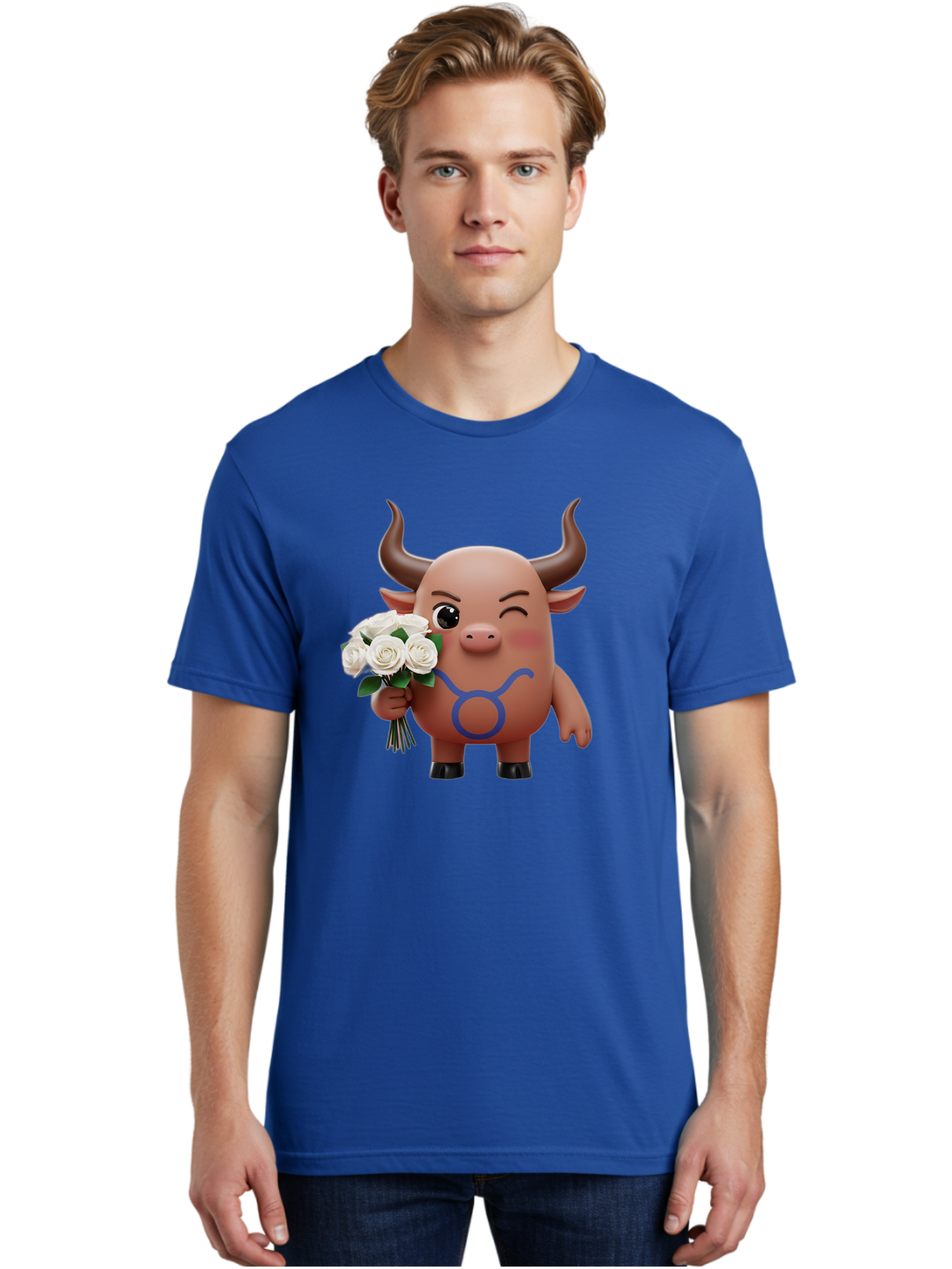 Taurus Men'S Graphic Tee, 100% Cotton, Comfortable Casual Summer Wear, Machine Washable, Taurus Zodiac Symbol, Cartoon Bull Character, Holding White Roses, Symbol Of Love, Astrological Sign, Bull Emoji, Cute Illustration, Zodiac Sign, Bae306